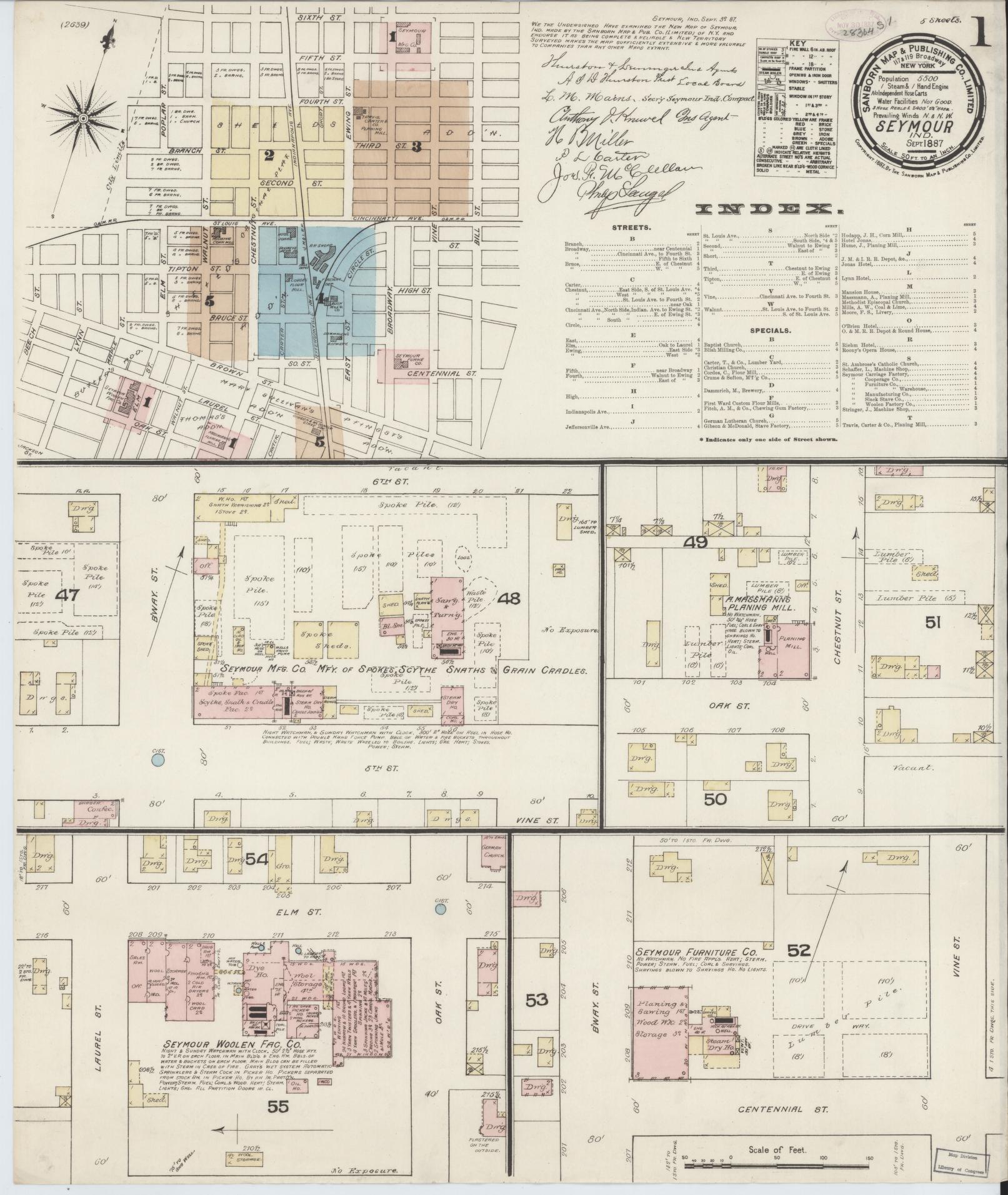 Sanborn Fire Insurance Map from Seymour, Jackson County, Indiana (1887), Sheet #0001 - Complete Map Set gallery image, historic Sanborn map, vintage wall art, Indiana Indiana