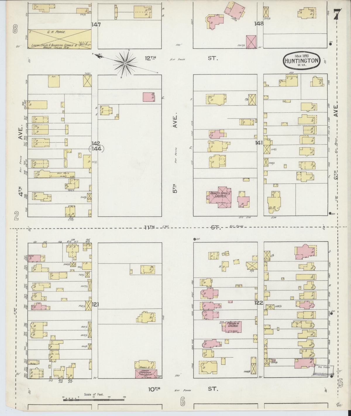 Sanborn Fire Insurance Map from Huntington, Cabell County, West Virginia (1893), Sheet #0007 - Historic Sanborn Fire Insurance Map Print, vintage old map wall art, antique decor, genealogy gift, West Virginia West Virginia map