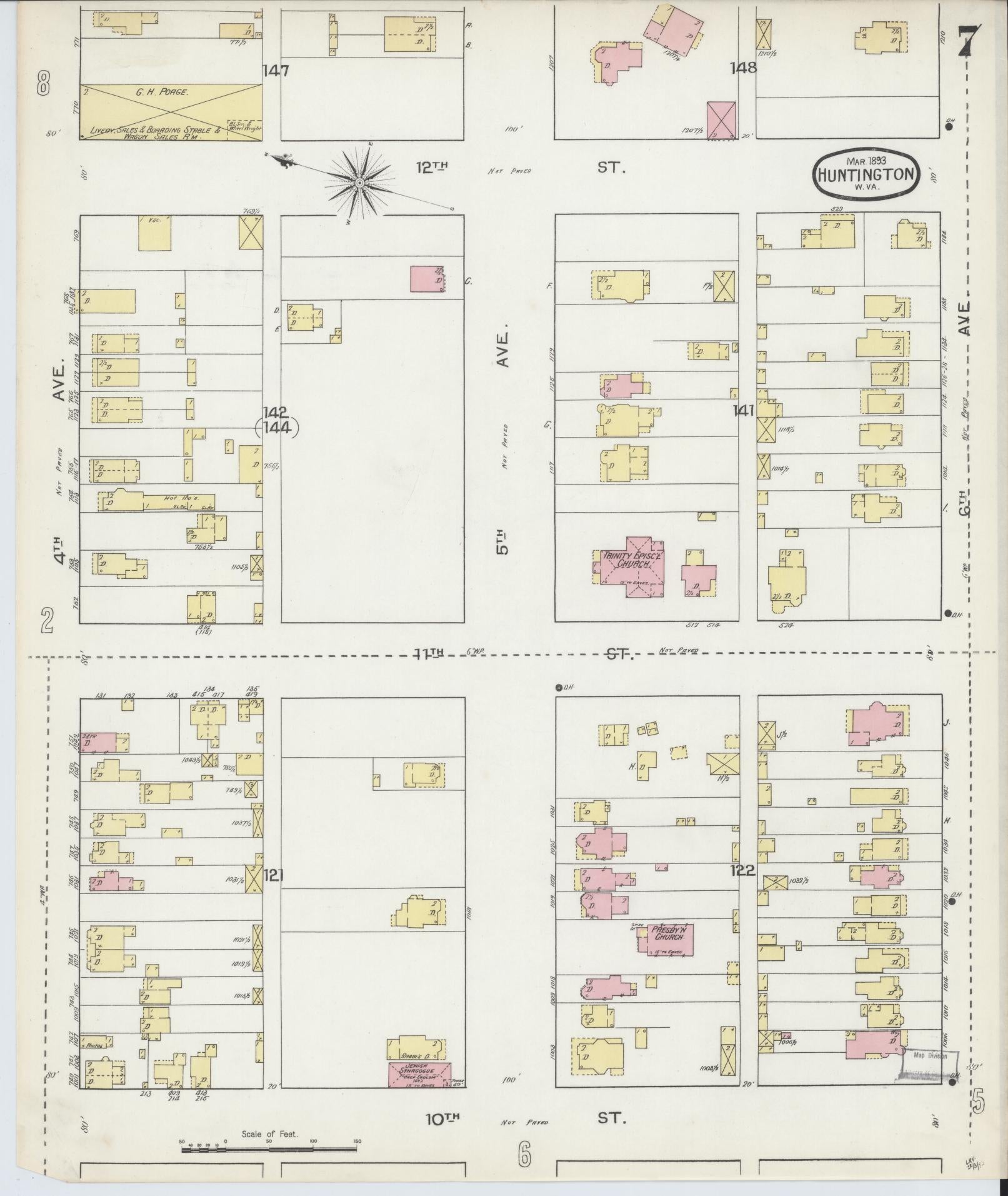 Sanborn Fire Insurance Map from Huntington, Cabell County, West Virginia (1893), Sheet #0007 - Historic Sanborn Fire Insurance Map Print, vintage old map wall art, antique decor, genealogy gift, West Virginia West Virginia map