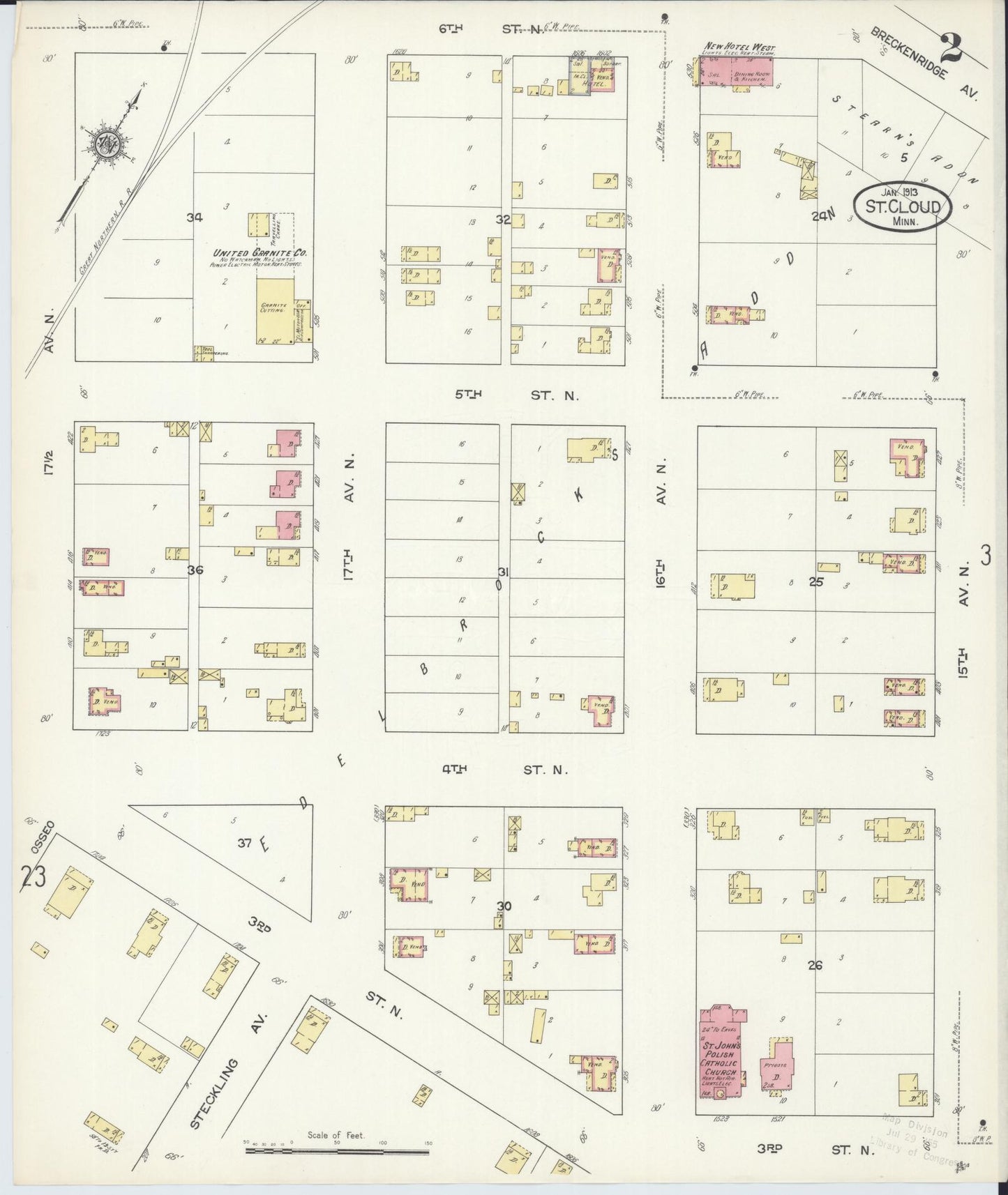 Sanborn Fire Insurance Map from Saint Cloud, Stearns, Benton, and Sherburne Counties, Minnesota (1913), Sheet #0002 - Complete Map Set gallery image, historic Sanborn map, vintage wall art, Minnesota Minnesota