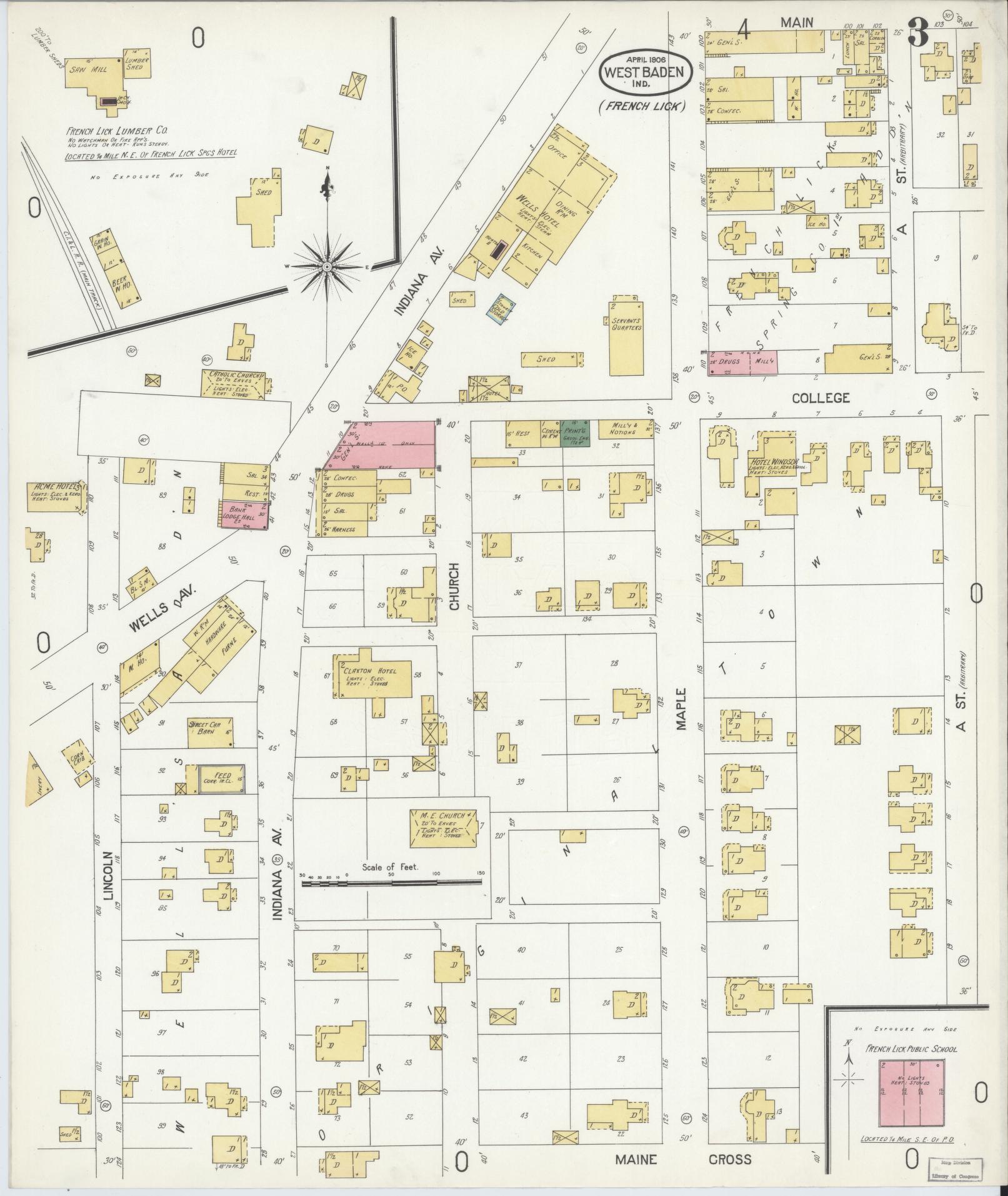 Sanborn Fire Insurance Map from West Baden, Orange County, Indiana (1906), Sheet #0003 - Complete Map Set gallery image, historic Sanborn map, vintage wall art, Indiana Indiana