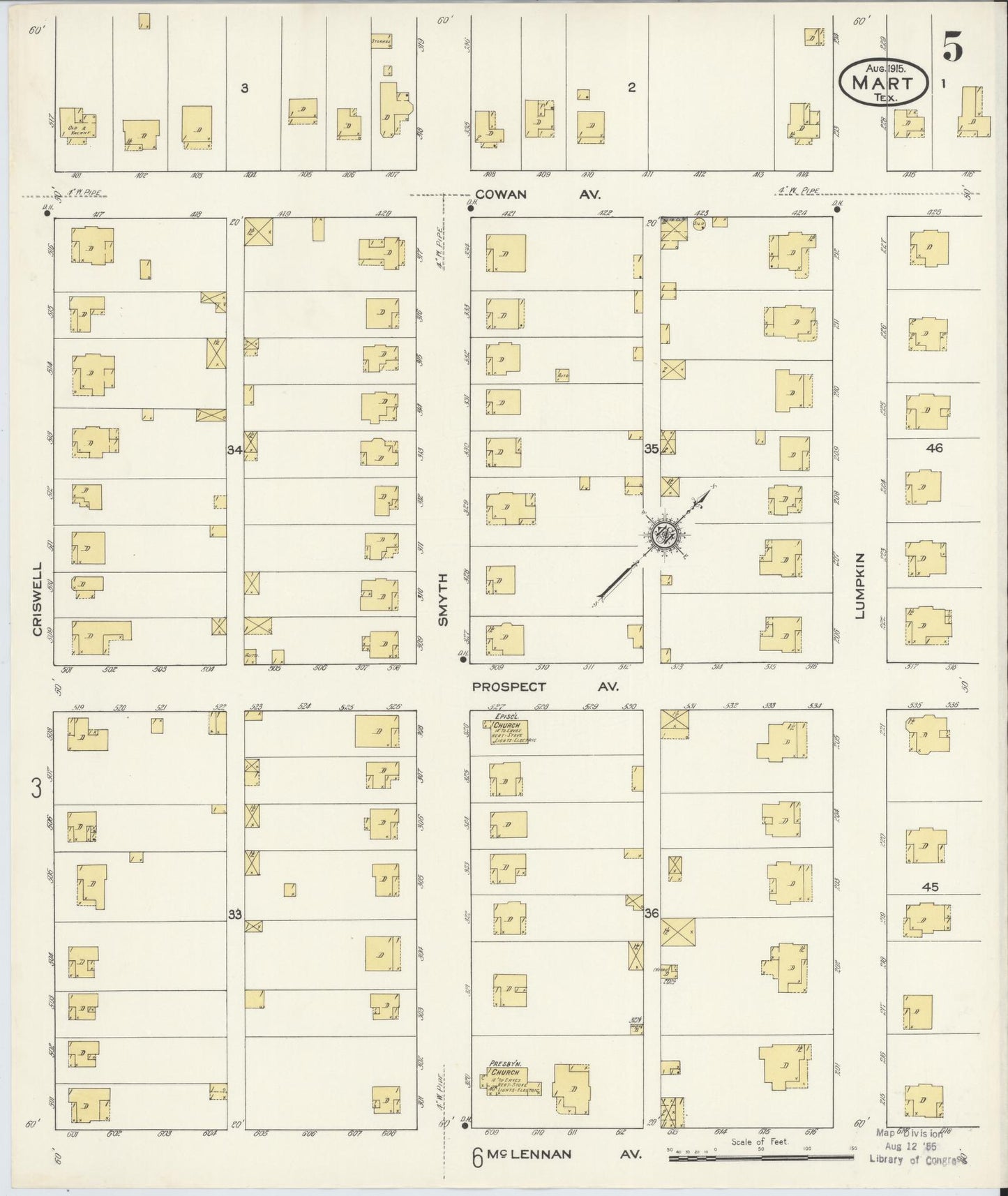 Sanborn Fire Insurance Map from Mart, McLennan County, Texas (1915), Sheet #0005 - Historic Sanborn Fire Insurance Map Print, vintage old map wall art, antique decor, genealogy gift, Texas Texas map