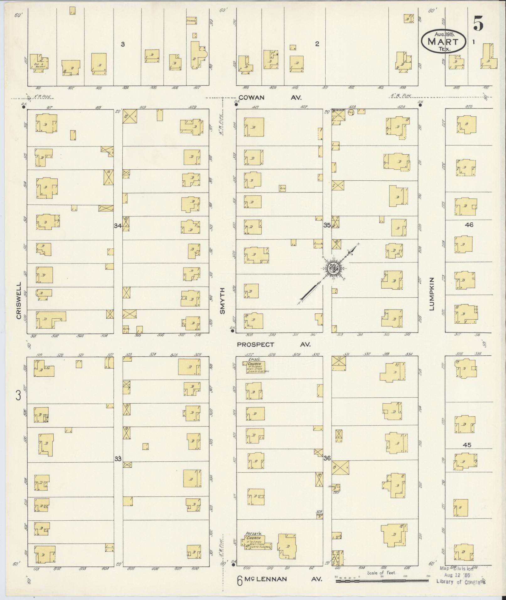 Sanborn Fire Insurance Map from Mart, McLennan County, Texas (1915), Sheet #0005 - Historic Sanborn Fire Insurance Map Print, vintage old map wall art, antique decor, genealogy gift, Texas Texas map
