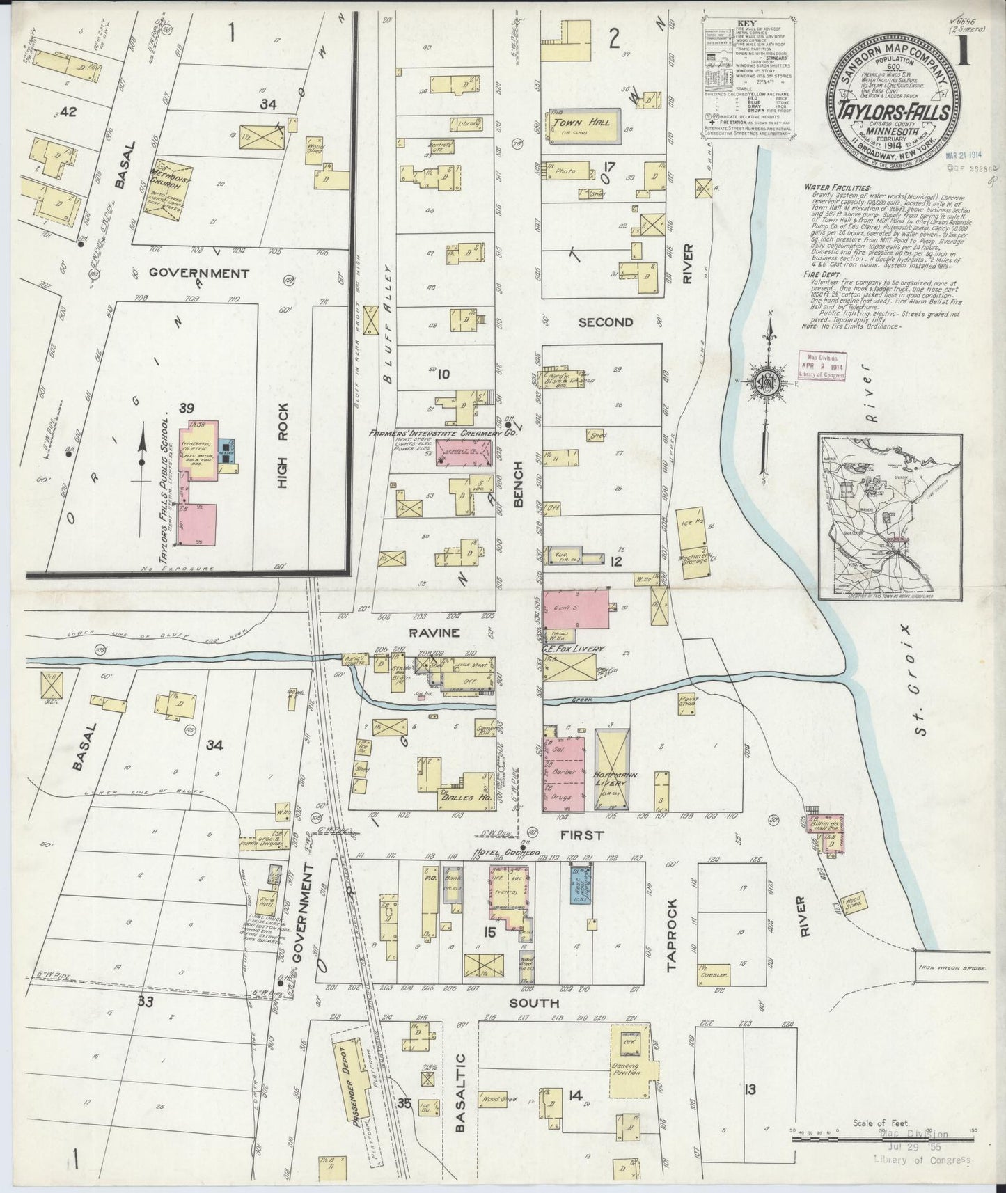 Sanborn Fire Insurance Map from Taylors Falls, Chisago County, Minnesota (1914), Sheet #0001 - Complete Map Set gallery image, historic Sanborn map, vintage wall art, Minnesota Minnesota
