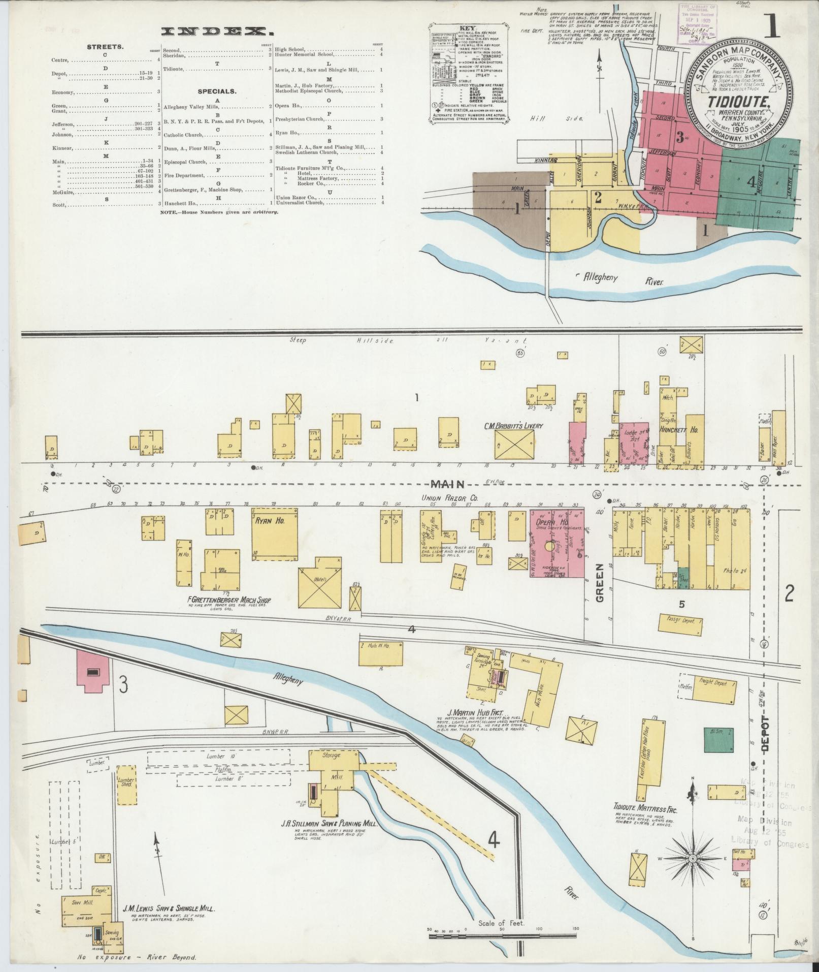 Sanborn Fire Insurance Map from Tidioute, Warren County, Pennsylvania (1905), Sheet #0001 - Complete Map Set gallery image, historic Sanborn map, vintage wall art, Pennsylvania Pennsylvania