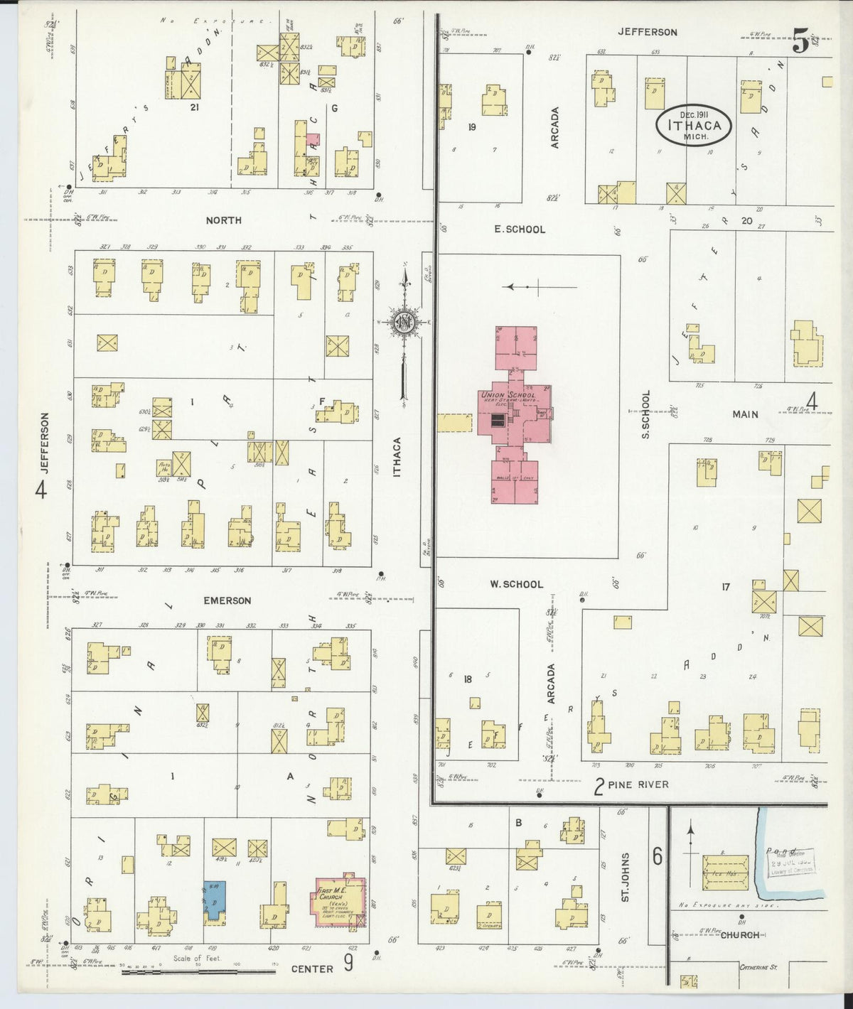 Sanborn Fire Insurance Map from Ithaca, Gratiot County, Michigan (1911), Sheet #0005 - Historic Sanborn Fire Insurance Map Print, vintage old map wall art, antique decor, genealogy gift, Michigan Michigan map