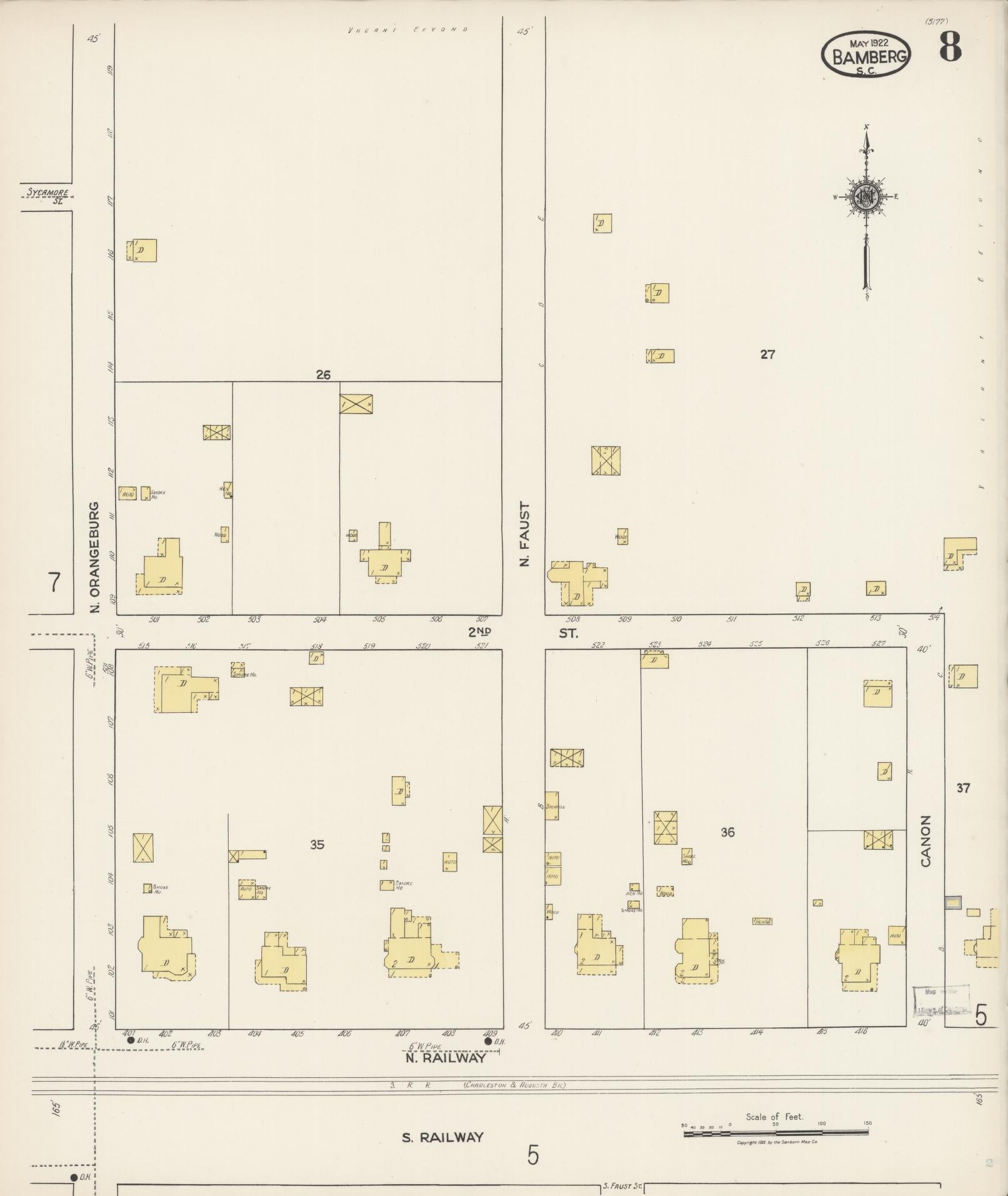 Sanborn Fire Insurance Map from Bamberg, Bamberg County, South Carolina (1922), Sheet #0008 - Complete Map Set gallery image, historic Sanborn map, vintage wall art, South Carolina South Carolina