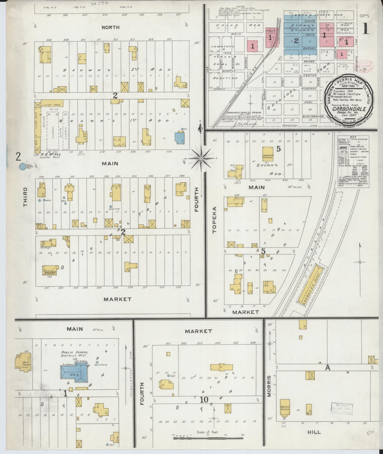 Sanborn Fire Insurance Map from Carbondale, Osage County, Kansas (1897), Sheet #0001 - Complete Map Set gallery image, historic Sanborn map, vintage wall art, Kansas Kansas