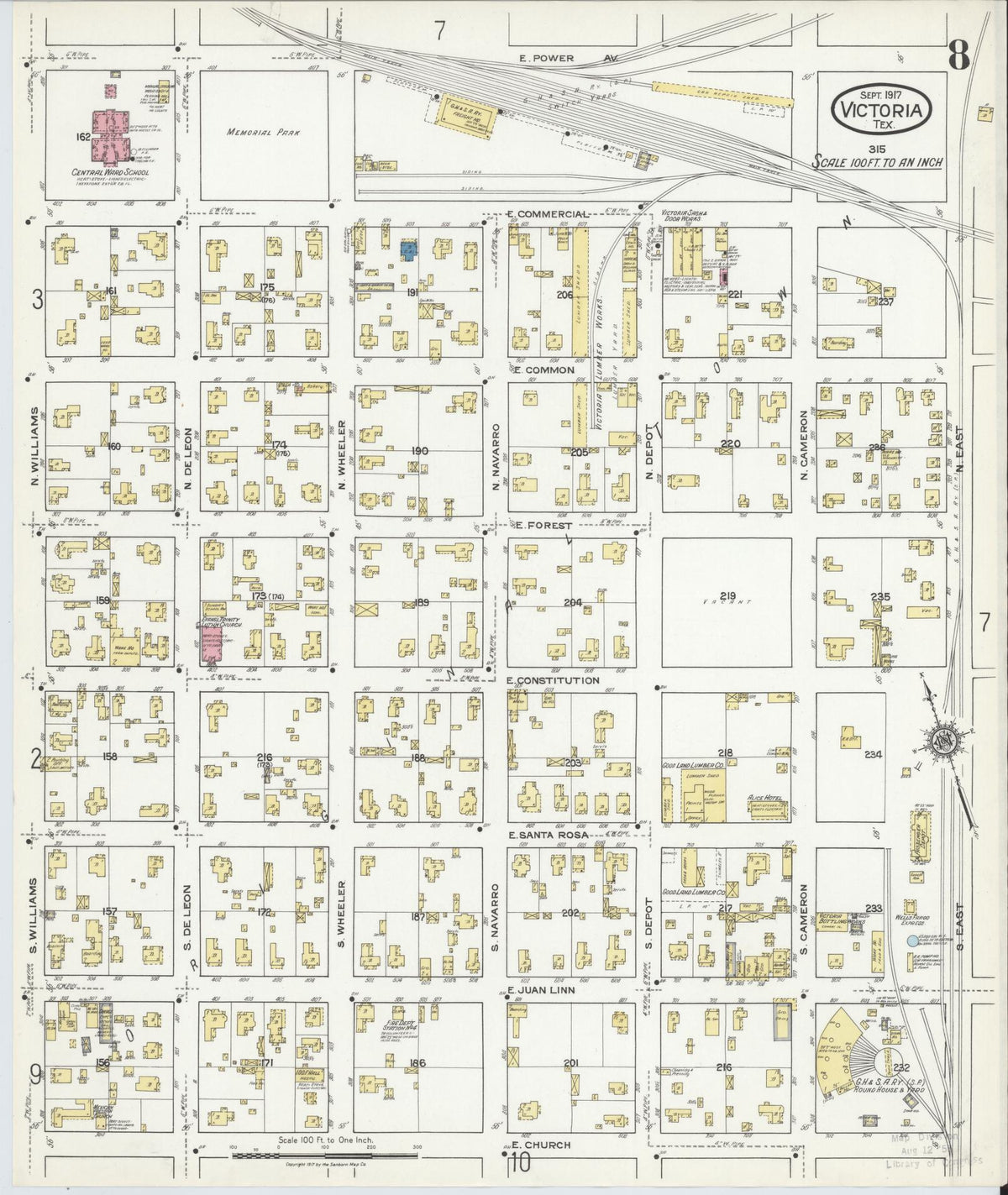 Sanborn Fire Insurance Map from Victoria, Victoria County, Texas (1917), Sheet #0008 - Historic Sanborn Fire Insurance Map Print, vintage old map wall art, antique decor, genealogy gift, Texas Texas map
