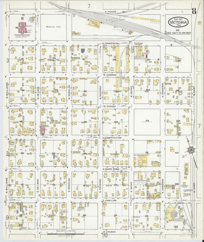 Sanborn Fire Insurance Map from Victoria, Victoria County, Texas (1917), Sheet #0008 - Historic Sanborn Fire Insurance Map Print, vintage old map wall art, antique decor, genealogy gift, Texas Texas map