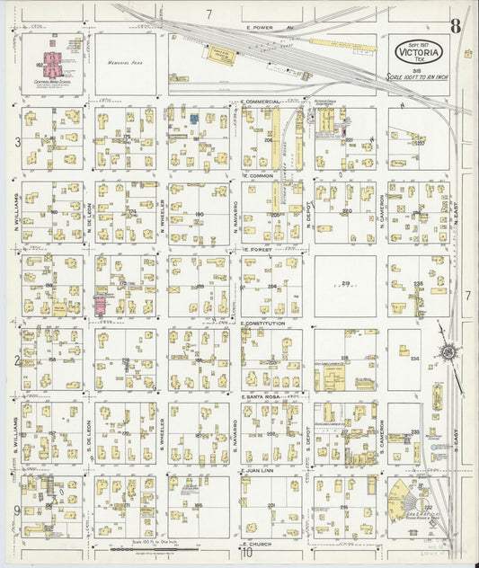 Sanborn Fire Insurance Map from Victoria, Victoria County, Texas (1917), Sheet #0008 - Historic Sanborn Fire Insurance Map Print, vintage old map wall art, antique decor, genealogy gift, Texas Texas map