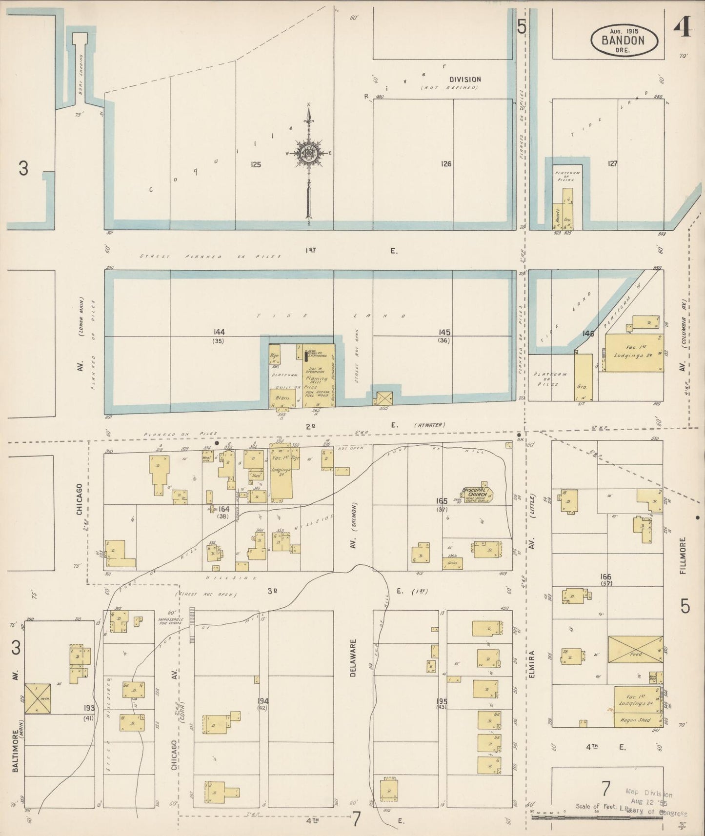 Sanborn Fire Insurance Map from Bandon, Coos County, Oregon (1915), Sheet #0004 - Complete Map Set gallery image, historic Sanborn map, vintage wall art, Oregon Oregon