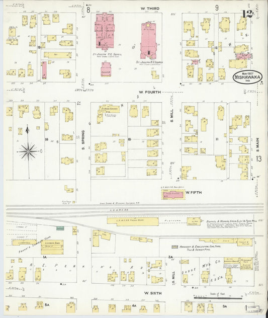 Sanborn Fire Insurance Map from Mishawaka, Saint Joseph County, Indiana (1907), Sheet #0012 - Historic Sanborn Fire Insurance Map Print, vintage old map wall art, antique decor, genealogy gift, Indiana Indiana map