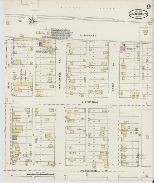 Sanborn Fire Insurance Map from Oklahoma City, Oklahoma County, Oklahoma (1894), Sheet #0009 - Historic Sanborn Fire Insurance Map Print, vintage old map wall art, antique decor, genealogy gift, Oklahoma City Oklahoma map