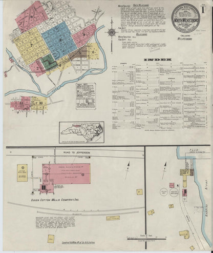 Sanborn Fire Insurance Map from North Wilkesboro, Wilkes County, North Carolina (1920), Sheet #0001 - Historic Sanborn Fire Insurance Map Print, vintage old map wall art, antique decor, genealogy gift, North Carolina North Carolina map