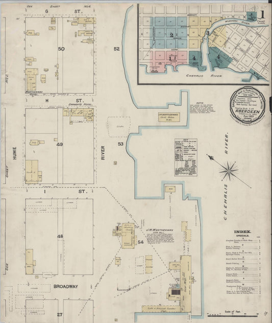 Sanborn Fire Insurance Map from Aberdeen, Grays Harbor County, Washington (1889), Sheet #0001 - Complete Map Set gallery image, historic Sanborn map, vintage wall art, Washington Washington