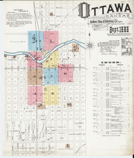 Sanborn Fire Insurance Map from Ottawa, Franklin County, Kansas (1888), Sheet #0001 - Historic Sanborn Fire Insurance Map Print, vintage old map wall art, antique decor, genealogy gift, Kansas Kansas map