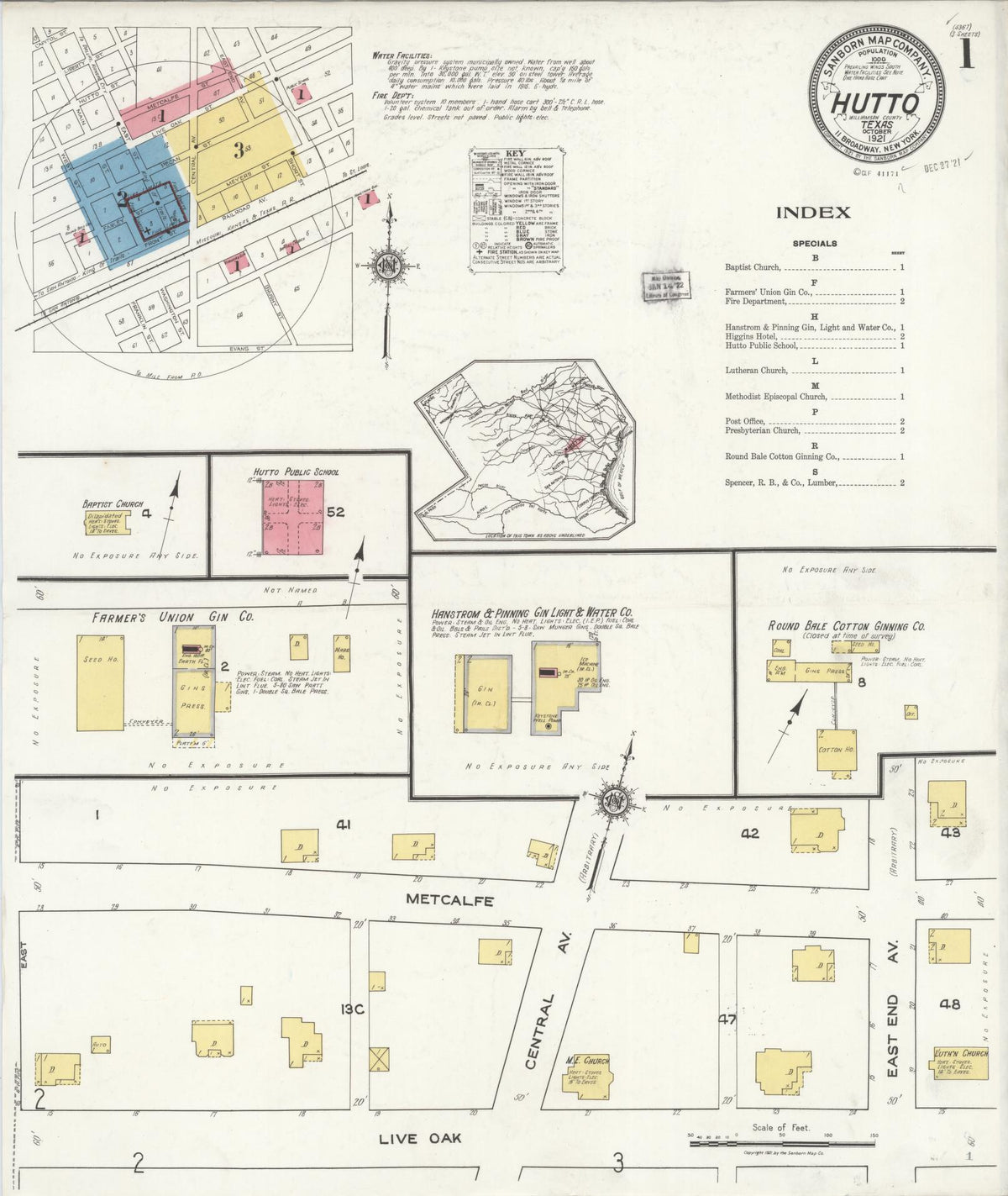 Sanborn Fire Insurance Map from Hutto, Williamson County, Texas (1921), Sheet #0001 - Complete Map Set gallery image, historic Sanborn map, vintage wall art, Texas Texas