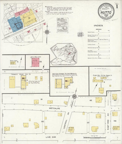 Sanborn Fire Insurance Map from Hutto, Williamson County, Texas (1921), Sheet #0001 - Complete Map Set gallery image, historic Sanborn map, vintage wall art, Texas Texas