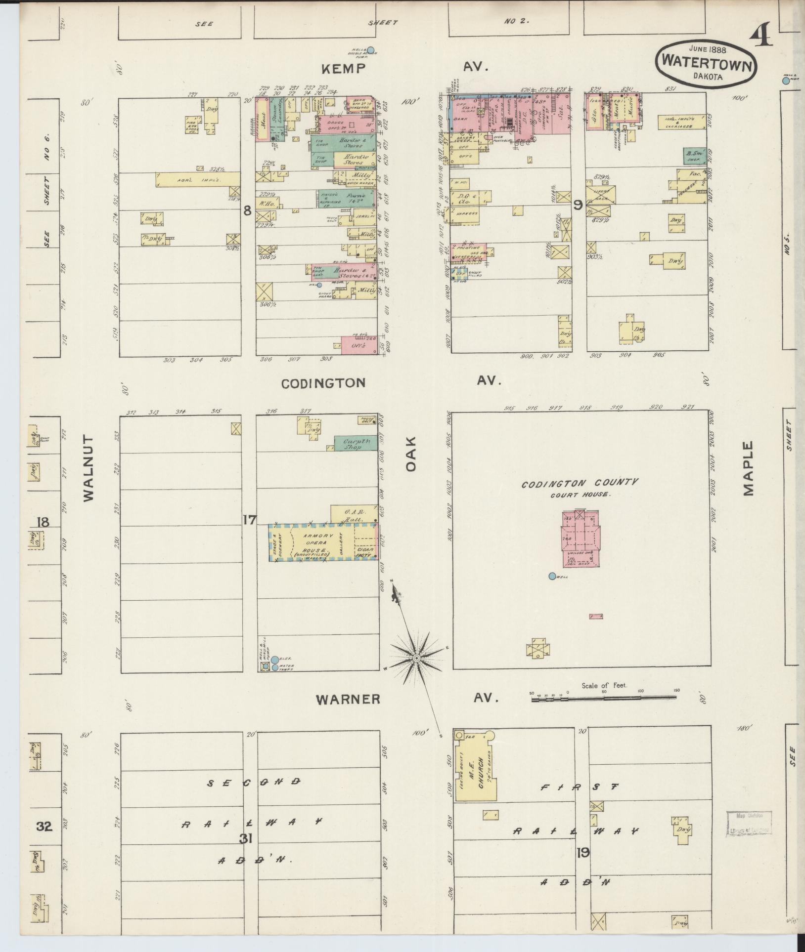 Sanborn Fire Insurance Map from Watertown, Codington County, South Dakota (1888), Sheet #0004 - Historic Sanborn Fire Insurance Map Print, vintage old map wall art, antique decor, genealogy gift, South Dakota South Dakota map