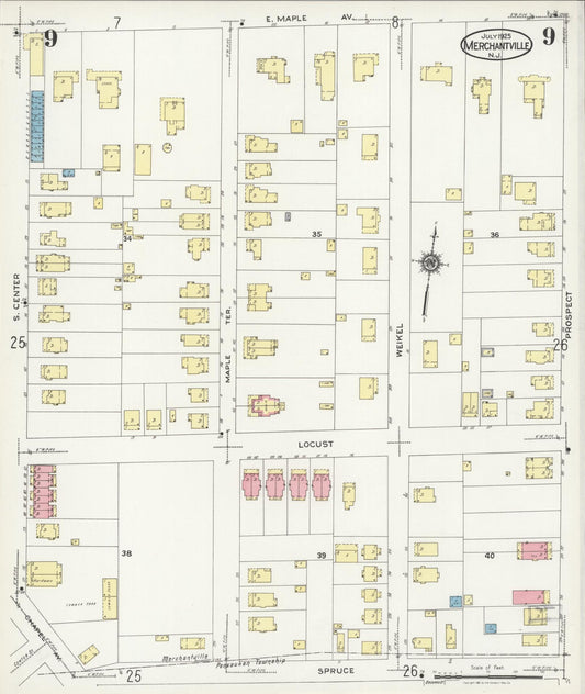 Sanborn Fire Insurance Map from Merchantville, Camden County, New Jersey (1925), Sheet #0009 - Historic Sanborn Fire Insurance Map Print, vintage old map wall art, antique decor, genealogy gift, New Jersey New Jersey map