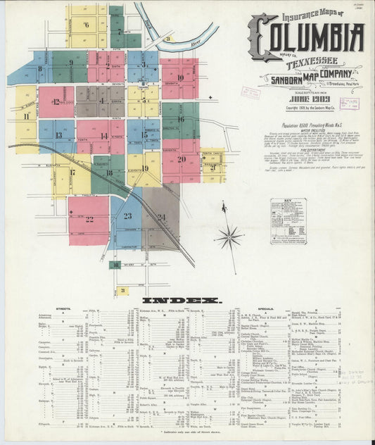 Sanborn Fire Insurance Map from Columbia, Maury County, Tennessee (1909), Sheet #0001 - Complete Map Set gallery image, historic Sanborn map, vintage wall art, Tennessee Tennessee