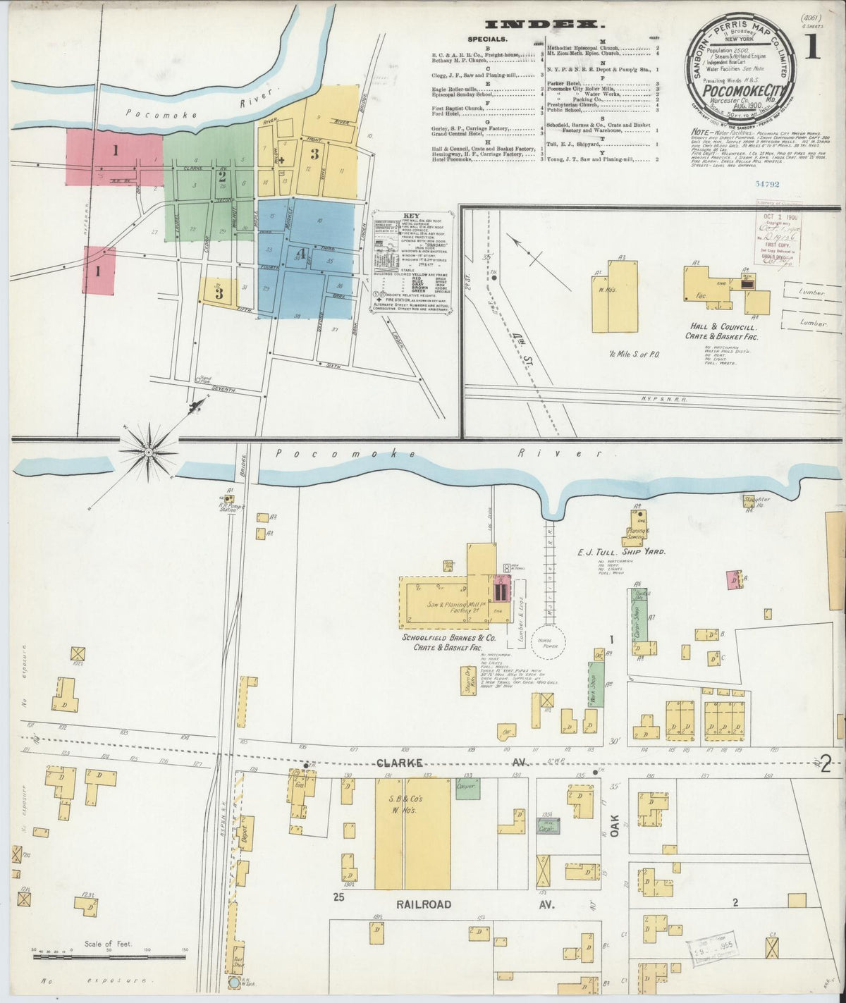Sanborn Fire Insurance Map from Pocomoke City, Worcester County, Maryland (1900), Sheet #0001 - Historic Sanborn Fire Insurance Map Print, vintage old map wall art, antique decor, genealogy gift, Maryland Maryland map
