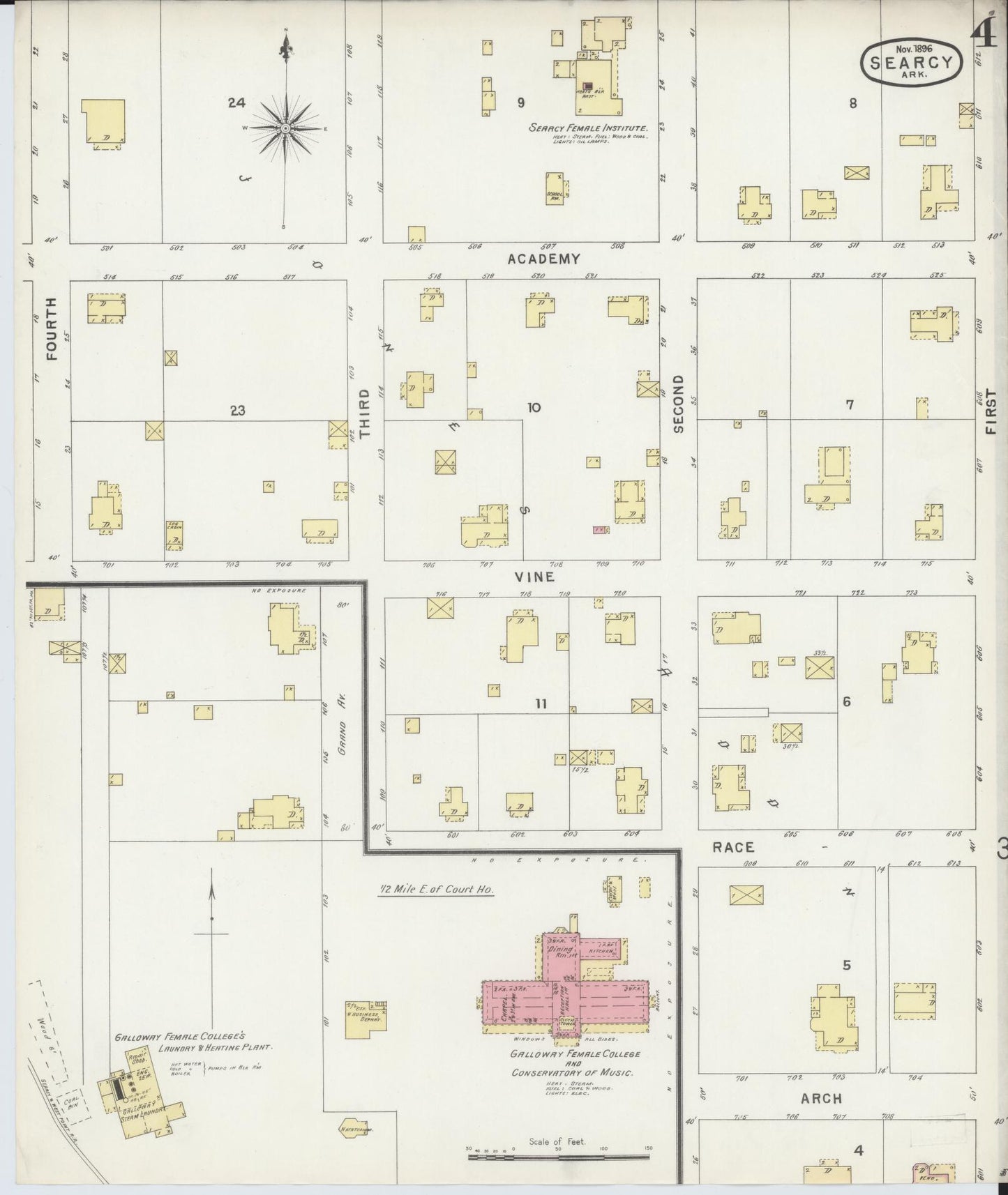 Sanborn Fire Insurance Map from Searcy, White County, Arkansas (1896), Sheet #0004 - Historic Sanborn Fire Insurance Map Print, vintage old map wall art, antique decor, genealogy gift, Arkansas Arkansas map