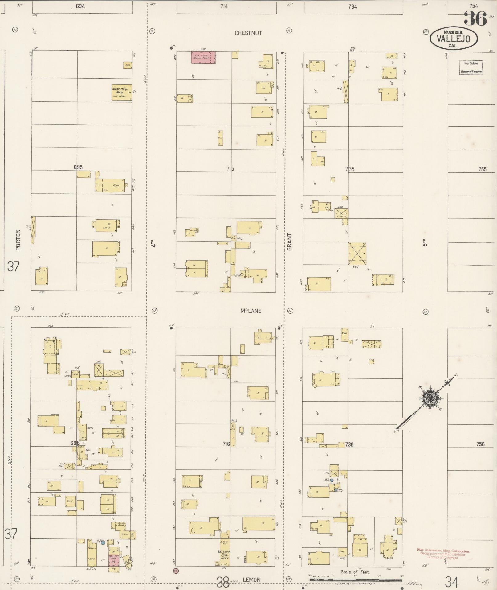 Sanborn Fire Insurance Map from Vallejo, Solano County, California (1919), Sheet #0036 - Complete Map Set gallery image, historic Sanborn map, vintage wall art, California California