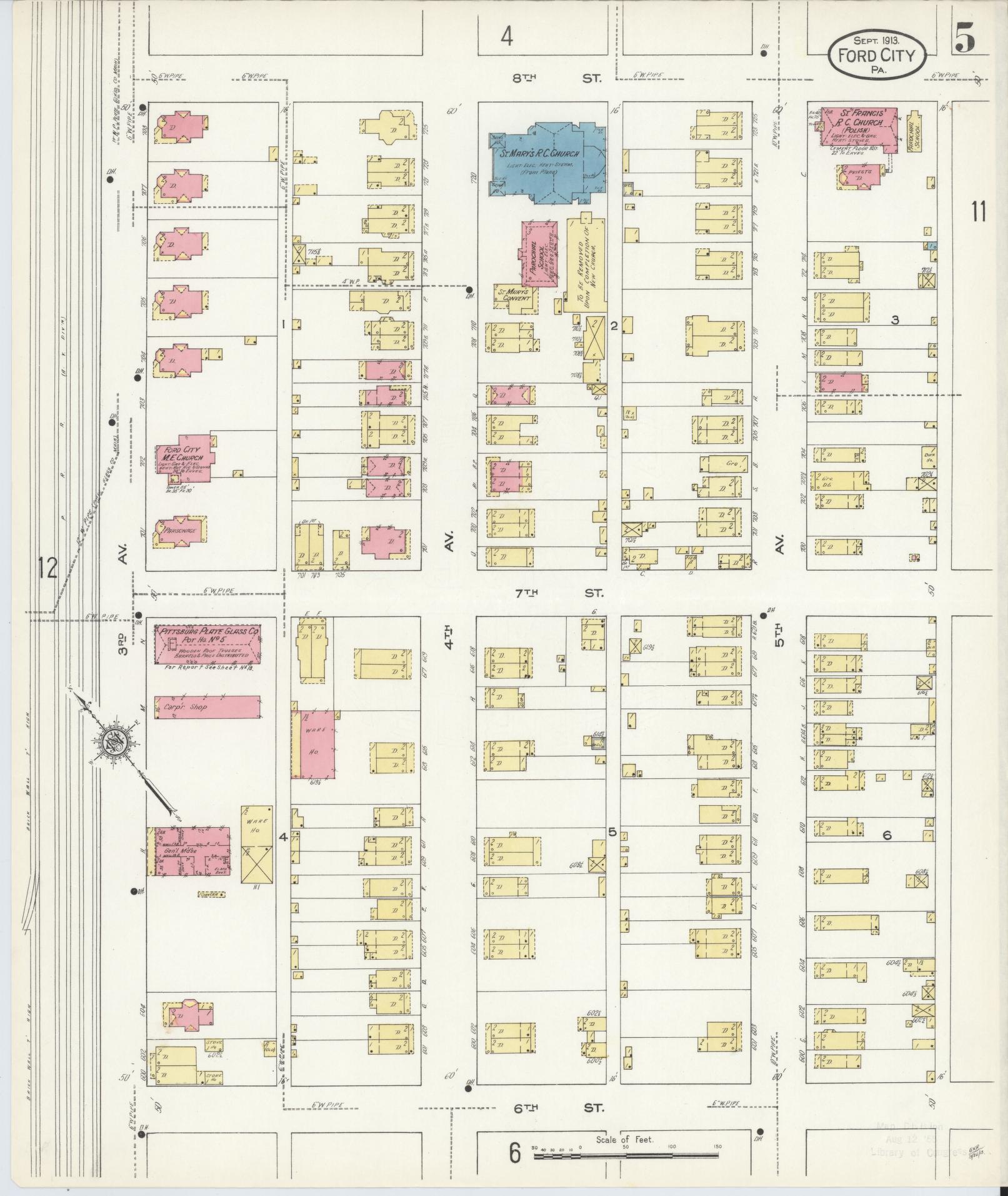 Sanborn Fire Insurance Map from Ford City, Armstrong County, Pennsylvania (1913), Sheet #0005 - Historic Sanborn Fire Insurance Map Print, vintage old map wall art, antique decor, genealogy gift, Pennsylvania Pennsylvania map