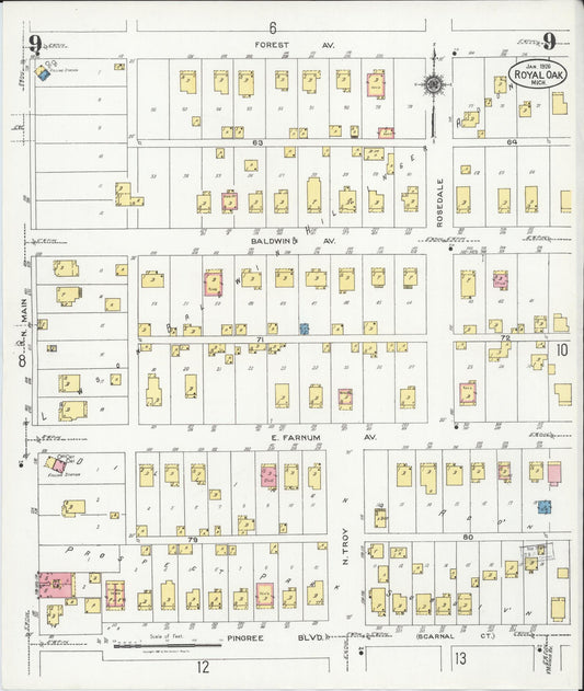 Sanborn Fire Insurance Map from Royal Oak, Oakland County, Michigan (1926), Sheet #0009 - Historic Sanborn Fire Insurance Map Print, vintage old map wall art, antique decor, genealogy gift, Michigan Michigan map