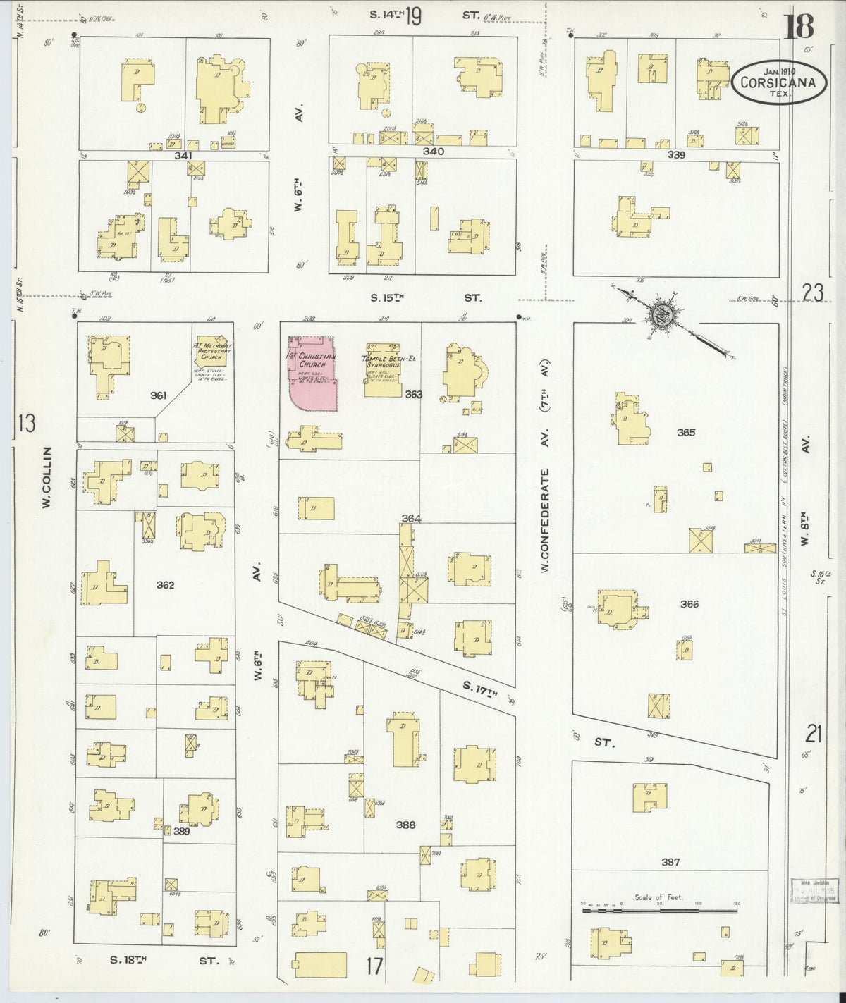 Sanborn Fire Insurance Map from Corsicana, Navarro County, Texas (1910), Sheet #0018 - Complete Map Set gallery image, historic Sanborn map, vintage wall art, Texas Texas