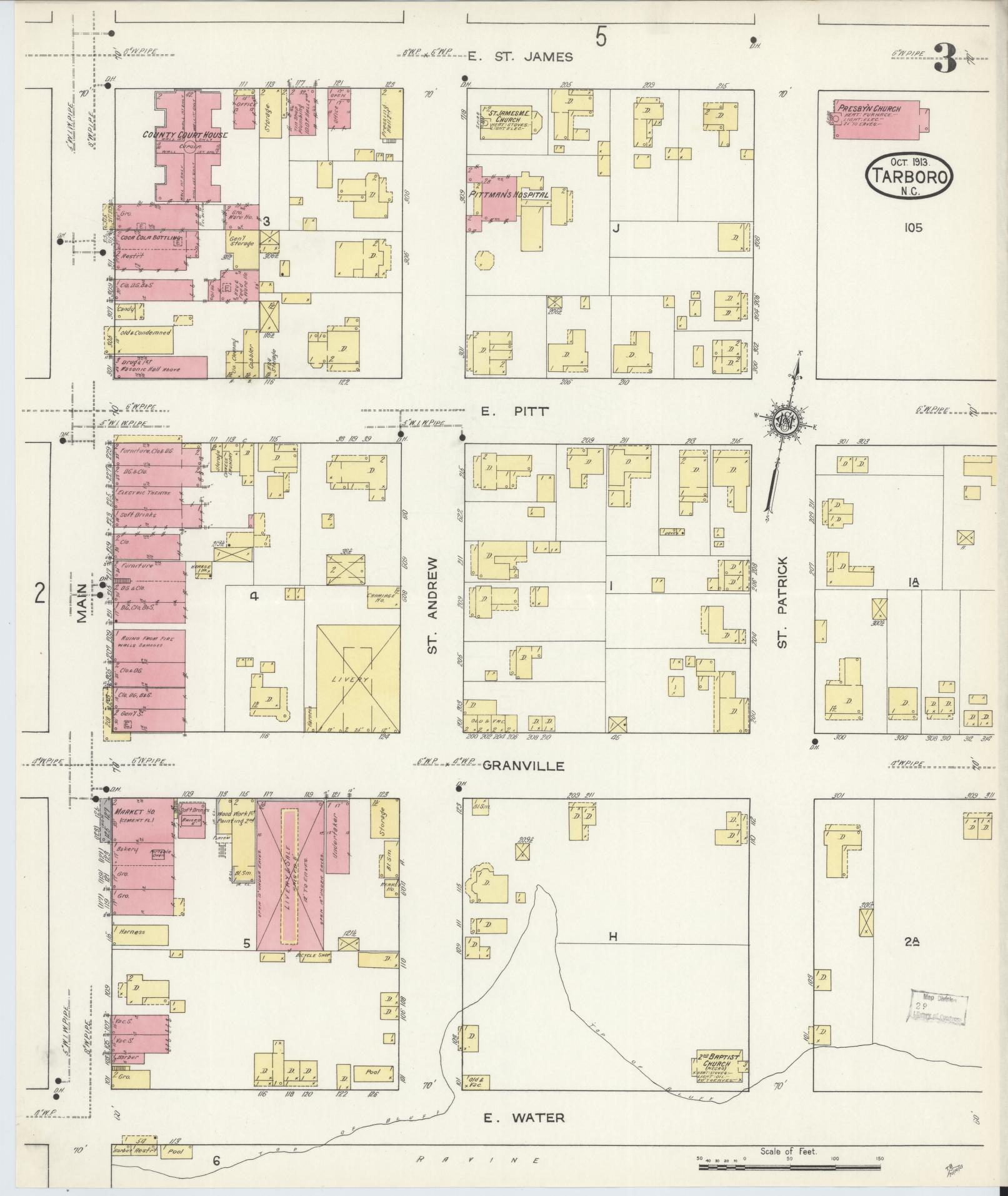 Sanborn Fire Insurance Map from Tarboro, Edgecombe County, North Carolina (1913), Sheet #0003 - Historic Sanborn Fire Insurance Map Print, vintage old map wall art, antique decor, genealogy gift, North Carolina North Carolina map