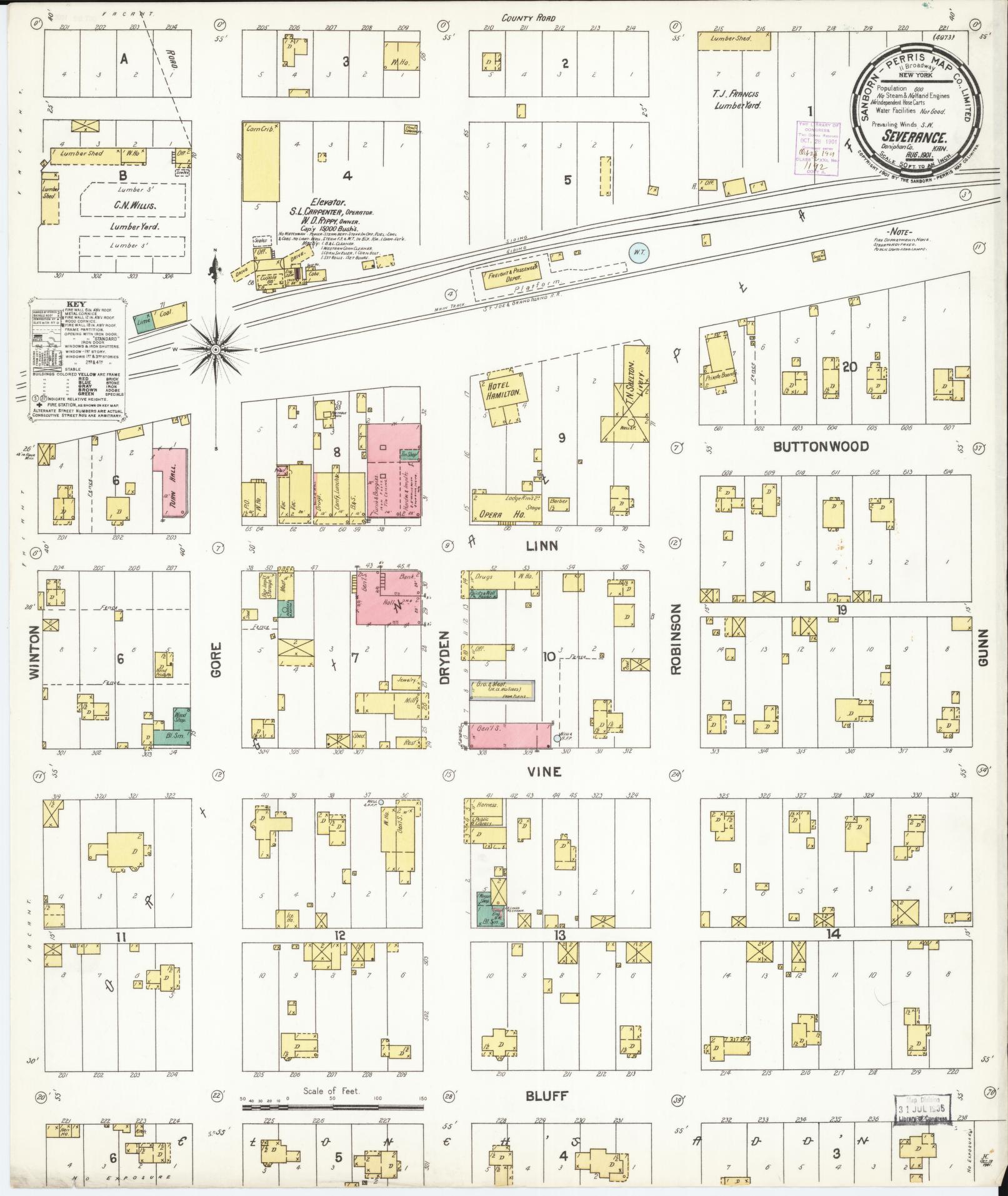 Sanborn Fire Insurance Map from Severance, Doniphan County, Kansas (1901), Sheet #0001 - Historic Sanborn Fire Insurance Map Print, vintage old map wall art, antique decor, genealogy gift, Kansas Kansas map