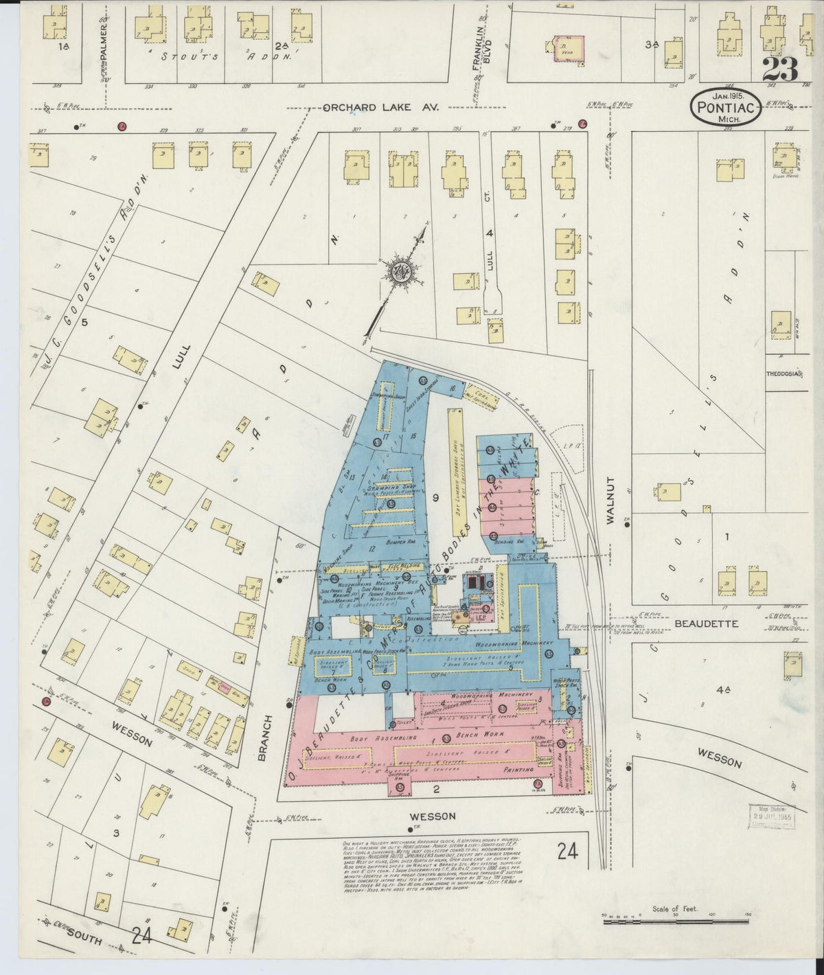 Sanborn Fire Insurance Map from Pontiac, Oakland County, Michigan (1915), Sheet #0023 - Historic Sanborn Fire Insurance Map Print, vintage old map wall art, antique decor, genealogy gift, Michigan Michigan map