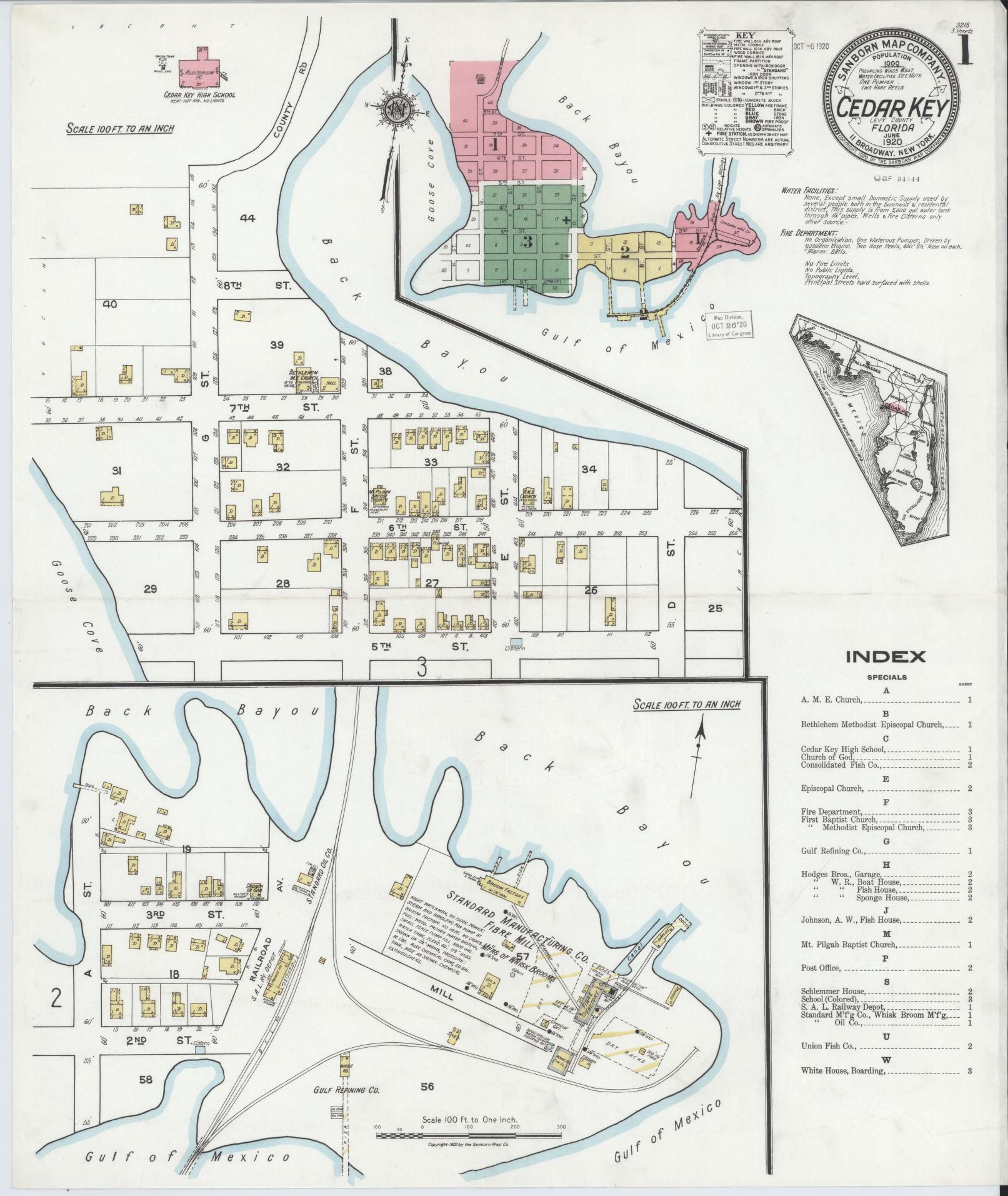 Sanborn Fire Insurance Map from Cedar Key, Levy County, Florida (1920), Sheet #0001 - Historic Sanborn Fire Insurance Map Print, vintage old map wall art, antique decor, genealogy gift, Florida Florida map