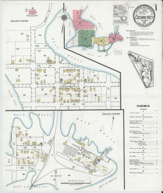 Sanborn Fire Insurance Map from Cedar Key, Levy County, Florida (1920), Sheet #0001 - Historic Sanborn Fire Insurance Map Print, vintage old map wall art, antique decor, genealogy gift, Florida Florida map