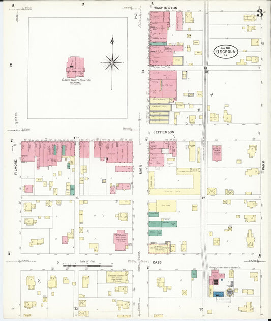 Sanborn Fire Insurance Map from Osceola, Clarke County, Iowa (1907), Sheet #0003 - Historic Sanborn Fire Insurance Map Print, vintage old map wall art