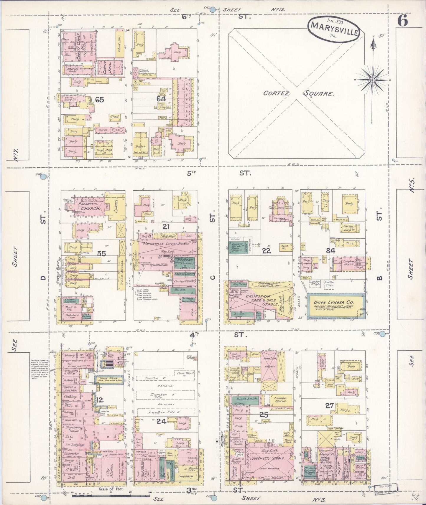 Sanborn Fire Insurance Map from Marysville, Yuba County, California (1890), Sheet #0006 - Historic Sanborn Fire Insurance Map Print, vintage old map wall art, antique decor, genealogy gift, California California map