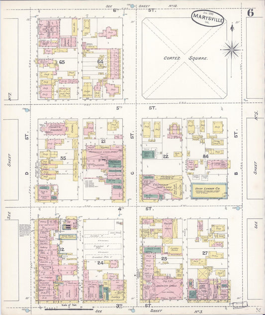 Sanborn Fire Insurance Map from Marysville, Yuba County, California (1890), Sheet #0006 - Historic Sanborn Fire Insurance Map Print, vintage old map wall art, antique decor, genealogy gift, California California map