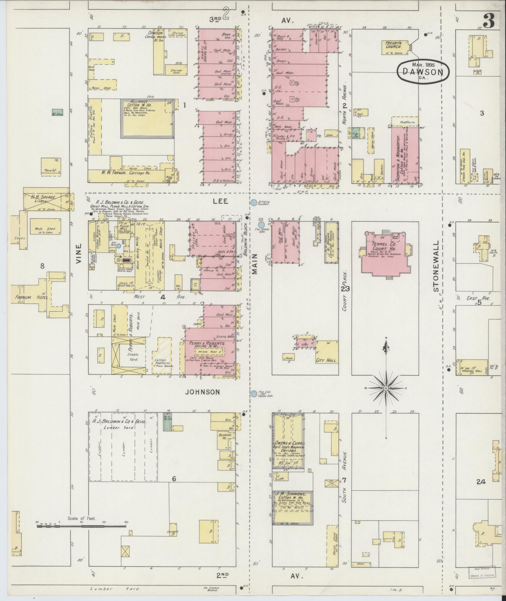 Sanborn Fire Insurance Map from Dawson, Terrell County, Georgia (1895), Sheet #0003 - Historic Sanborn Fire Insurance Map Print, vintage old map wall art, antique decor, genealogy gift, Georgia Georgia map