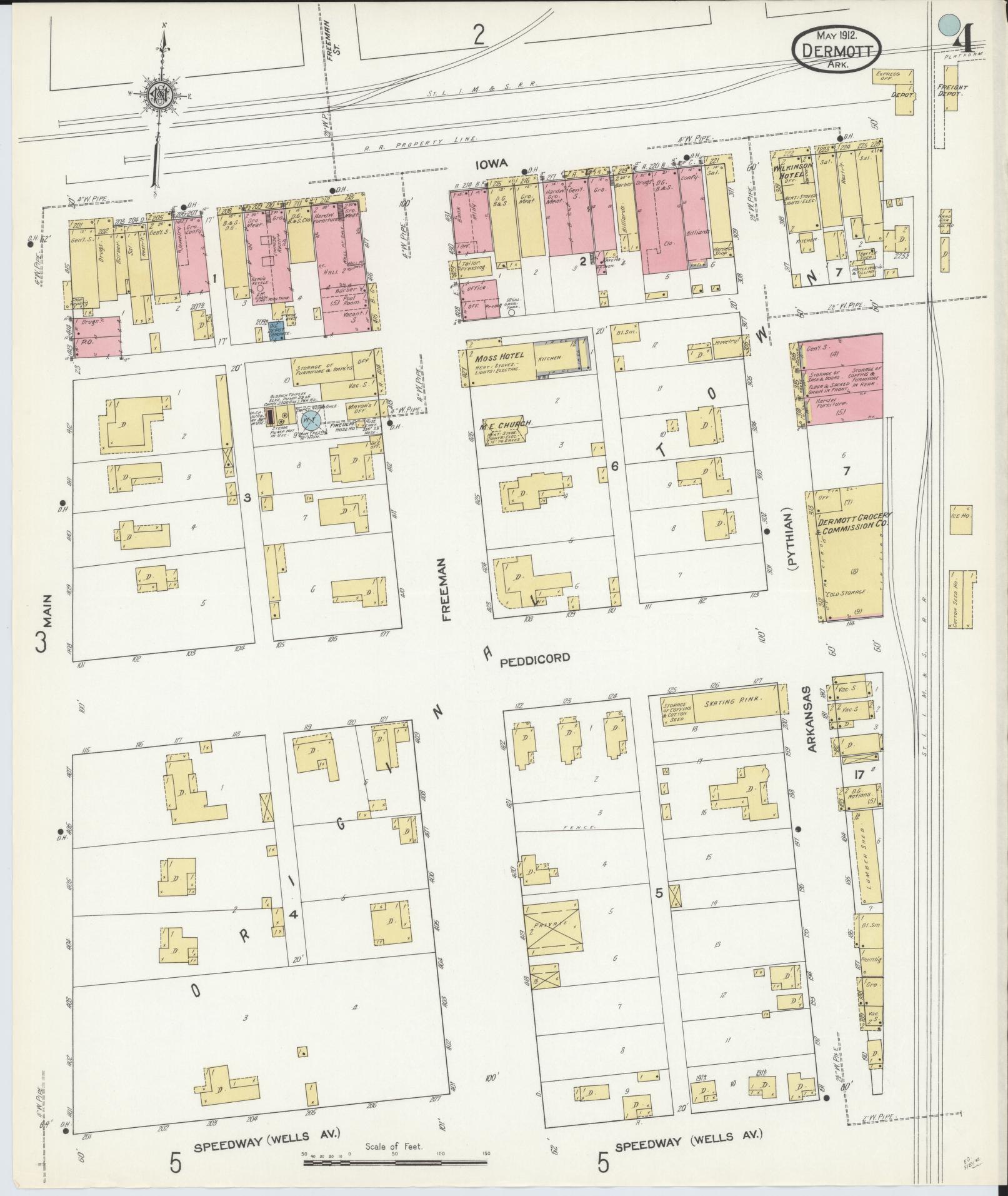 Sanborn Fire Insurance Map from Dermott, Chicot County, Arkansas (1912), Sheet #0004 - Complete Map Set gallery image, historic Sanborn map, vintage wall art, Arkansas Arkansas