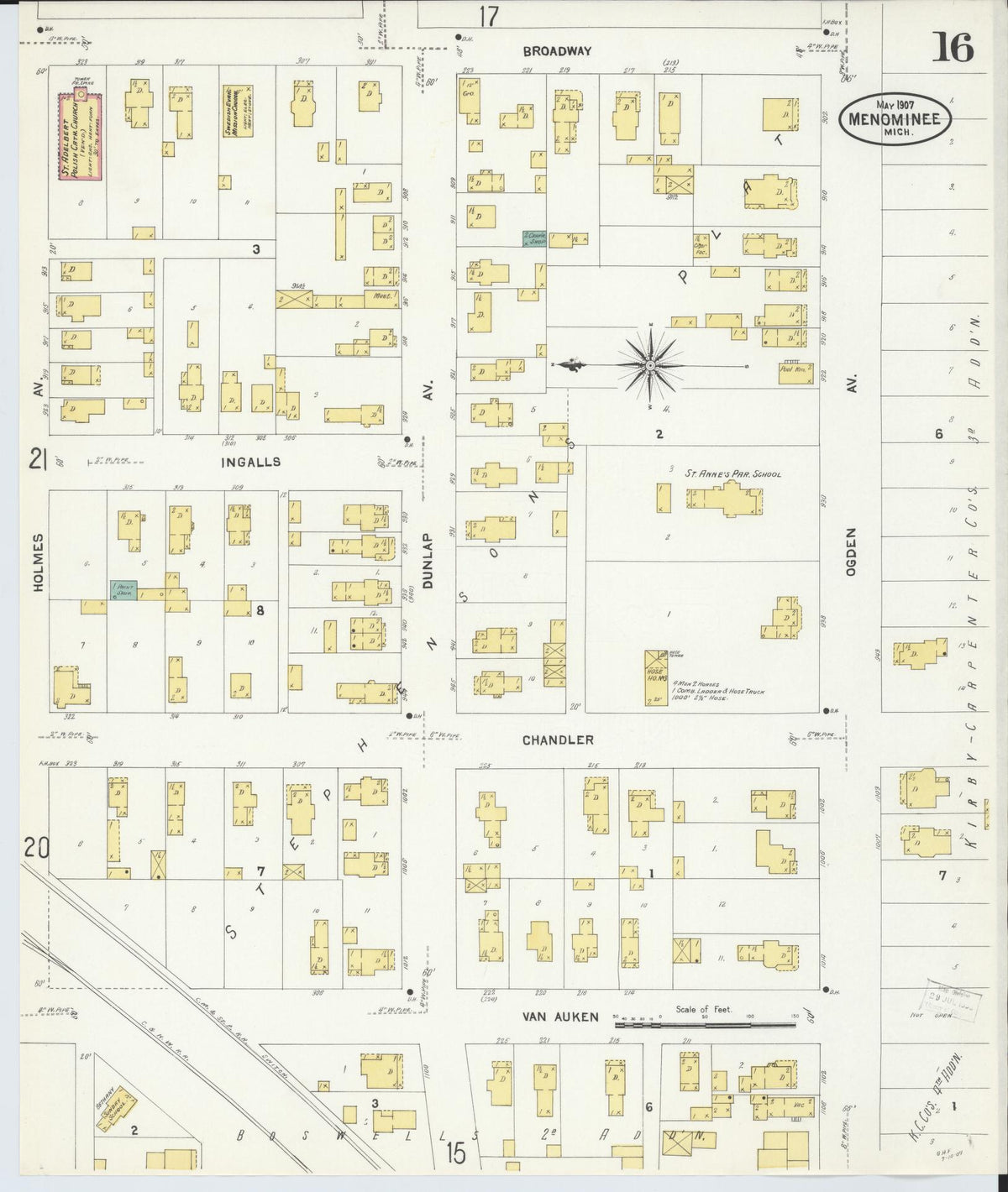 Sanborn Fire Insurance Map from Menominee, Menominee County, Michigan (1907), Sheet #0016 - Historic Sanborn Fire Insurance Map Print, vintage old map wall art, antique decor, genealogy gift, Michigan Michigan map