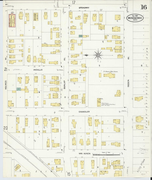 Sanborn Fire Insurance Map from Menominee, Menominee County, Michigan (1907), Sheet #0016 - Historic Sanborn Fire Insurance Map Print, vintage old map wall art, antique decor, genealogy gift, Michigan Michigan map