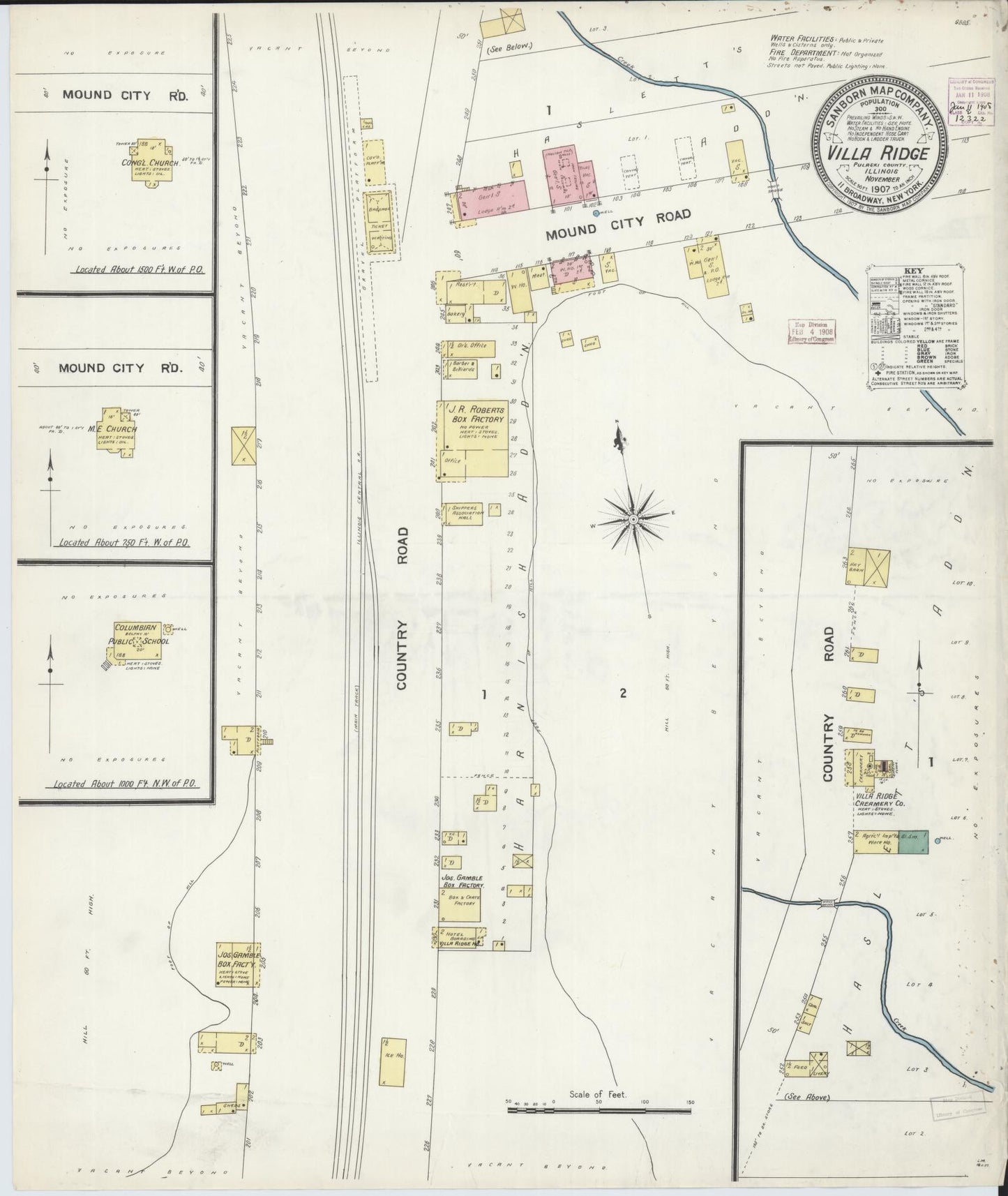 Sanborn Fire Insurance Map from Villa Ridge, Pulaski County, Illinois (1907), Sheet #0001 - Historic Sanborn Fire Insurance Map Print, vintage old map wall art, antique decor, genealogy gift, Illinois Illinois map