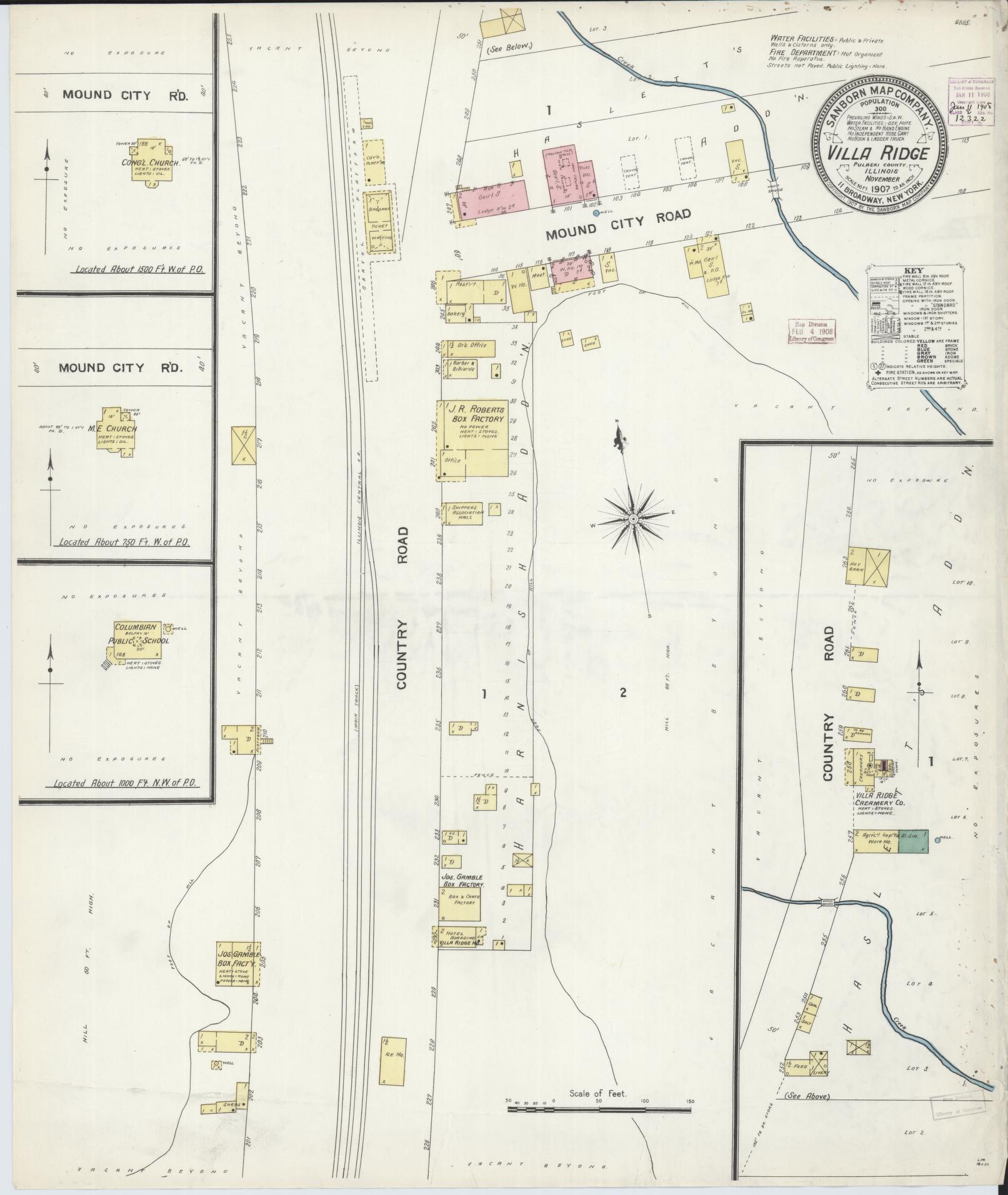 Sanborn Fire Insurance Map from Villa Ridge, Pulaski County, Illinois (1907), Sheet #0001 - Historic Sanborn Fire Insurance Map Print, vintage old map wall art, antique decor, genealogy gift, Illinois Illinois map