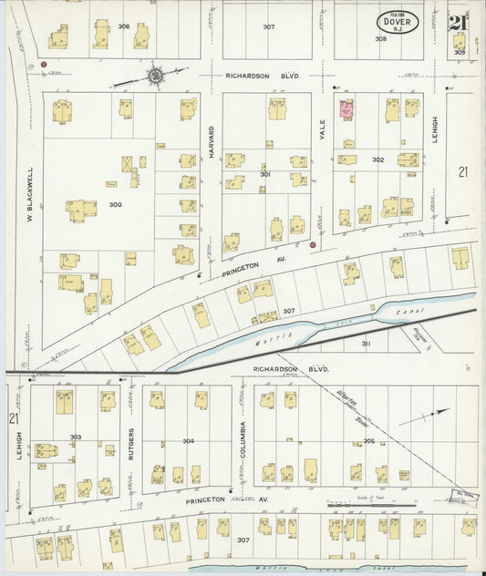 Sanborn Fire Insurance Map from Dover, Morris County, New Jersey (1916), Sheet #0021 - Historic Sanborn Fire Insurance Map Print, vintage old map wall art, antique decor, genealogy gift, New Jersey New Jersey map