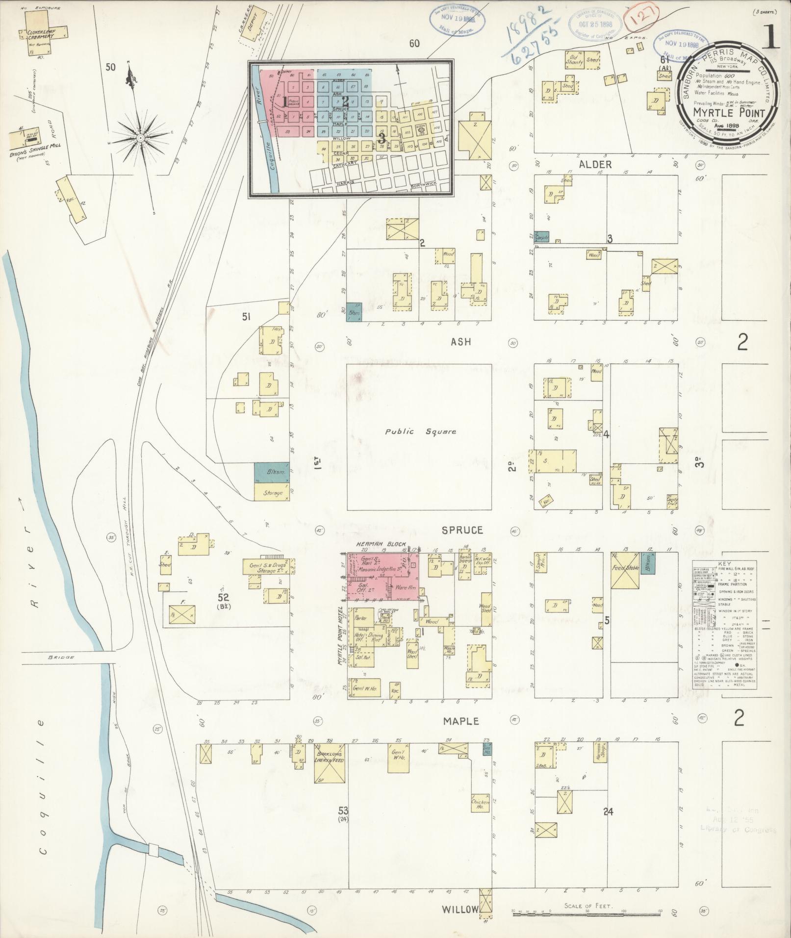 Sanborn Fire Insurance Map from Myrtle Point, Coos County, Oregon (1898), Sheet #0001 - Complete Map Set gallery image, historic Sanborn map, vintage wall art, Oregon Oregon