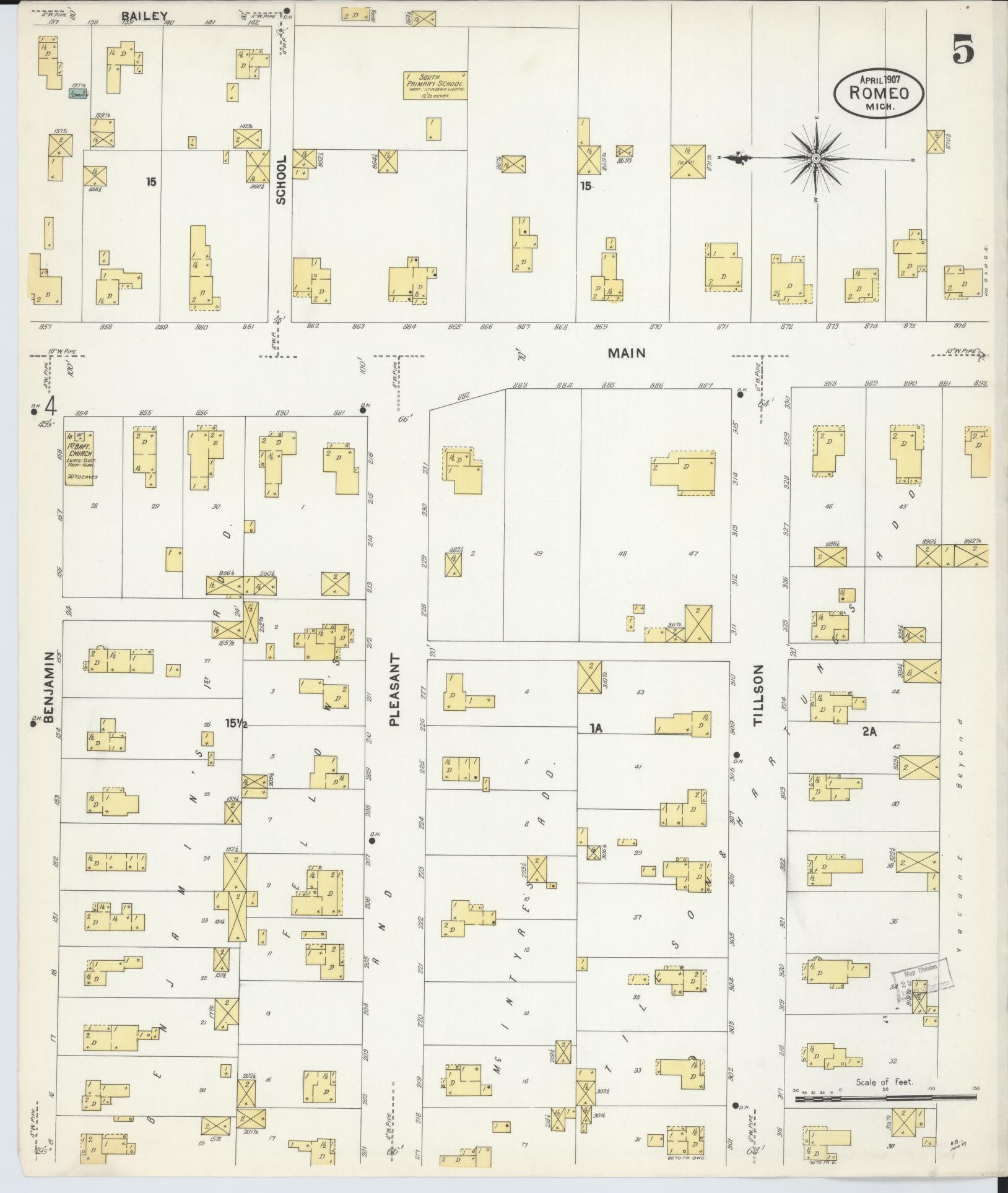 Sanborn Fire Insurance Map from Romeo, Macomb County, Michigan (1907), Sheet #0005 - Complete Map Set gallery image, historic Sanborn map, vintage wall art, Michigan Michigan