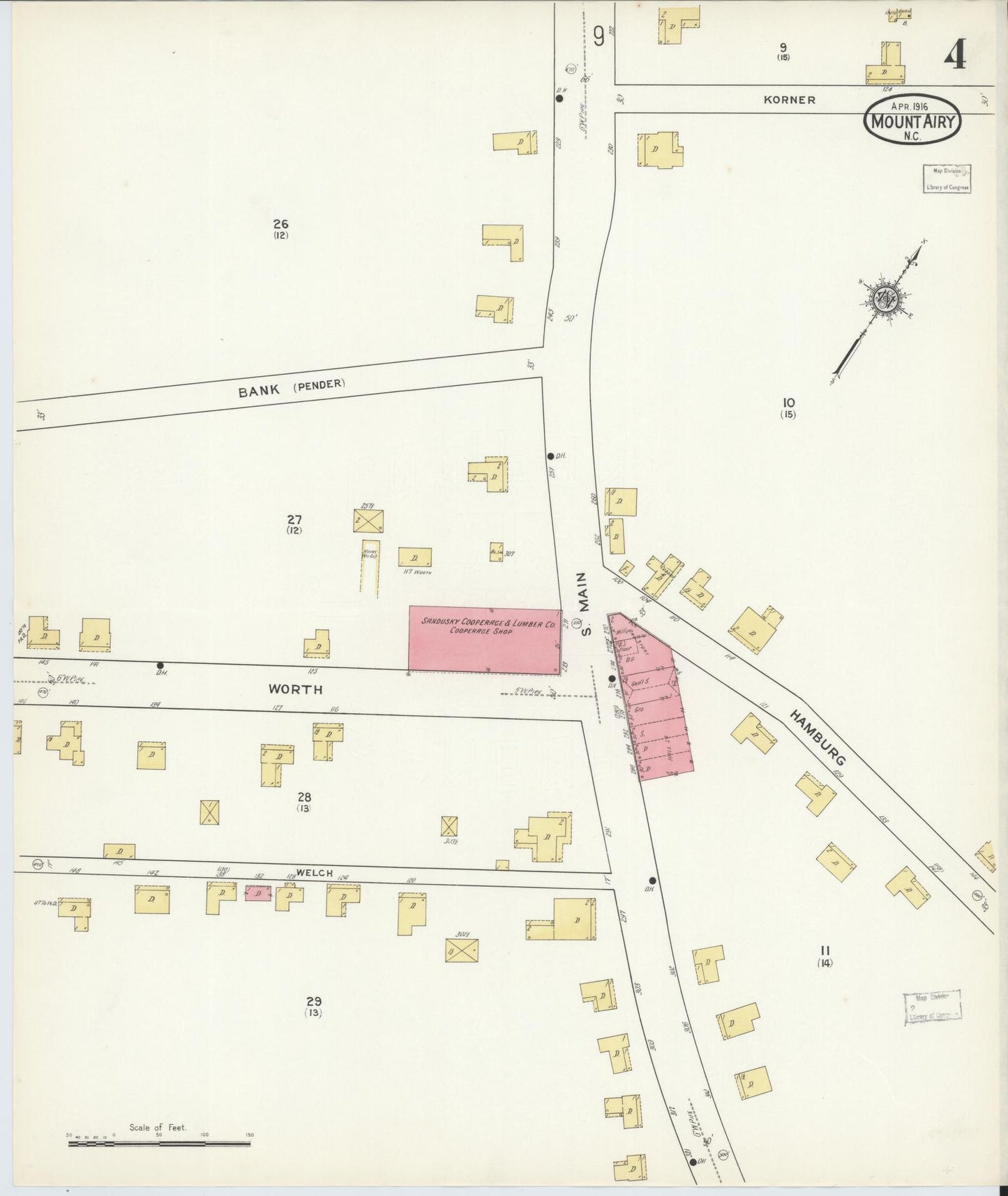 Sanborn Fire Insurance Map from Mount Airy, Surry County, North Carolina (1916), Sheet #0004 - Historic Sanborn Fire Insurance Map Print, vintage old map wall art, antique decor, genealogy gift, North Carolina North Carolina map